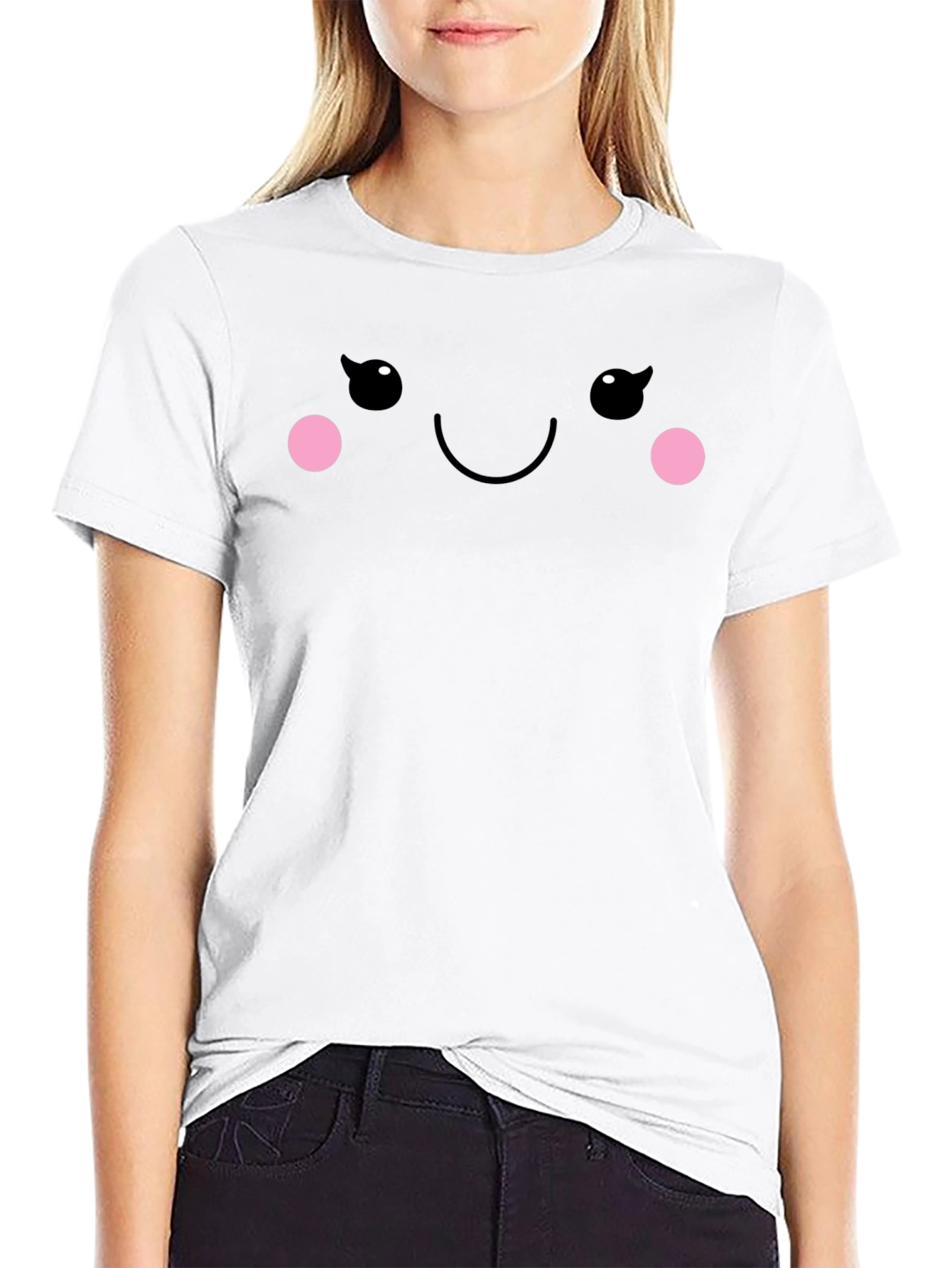 Cute Smiling Face Graphic Tee - Black