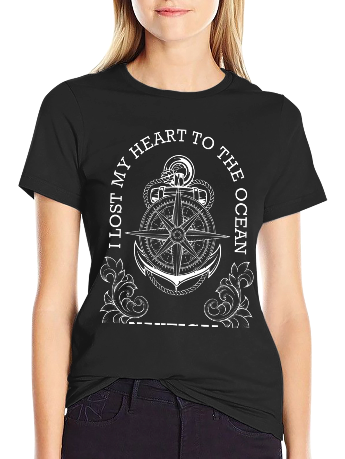 Nautical Heart Ocean Anchor Black T-Shirt