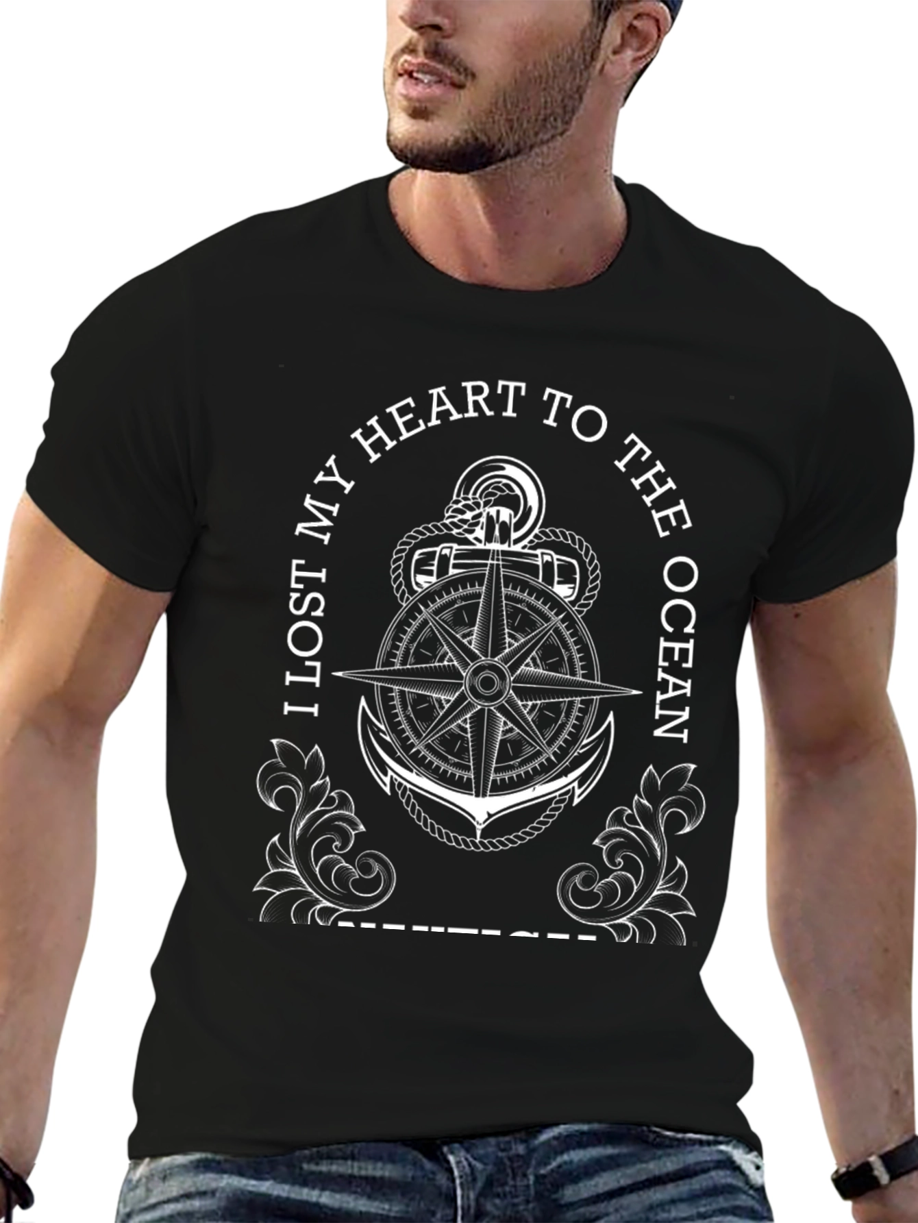 Nautical Heart Ocean Anchor Black T-Shirt