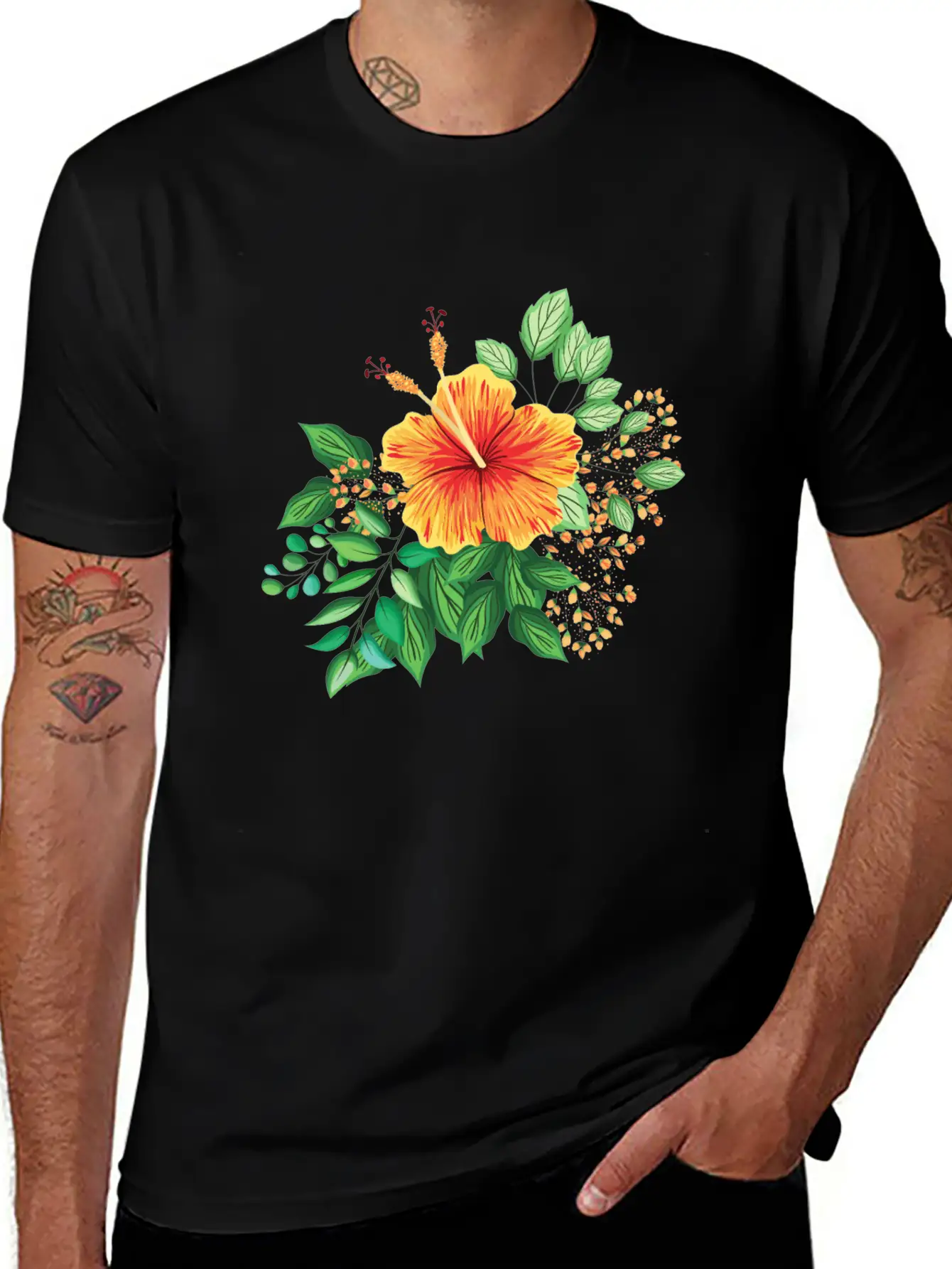 Orange Hibiscus With Leaves And Buds Comfortable Minimalist Graphic Tee – Summer Style Essential