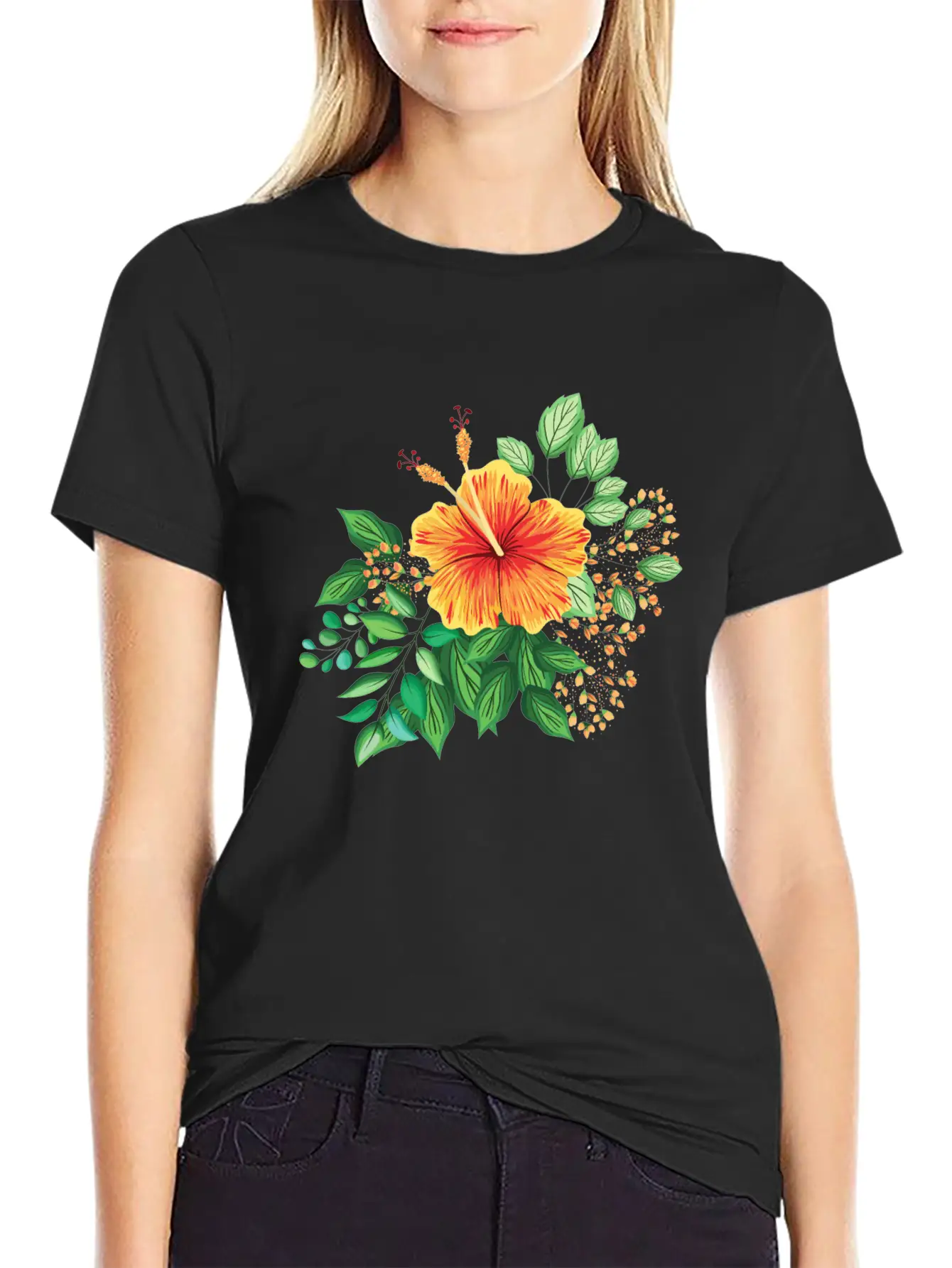 Orange Hibiscus With Leaves And Buds Comfortable Minimalist Graphic Tee – Summer Style Essential