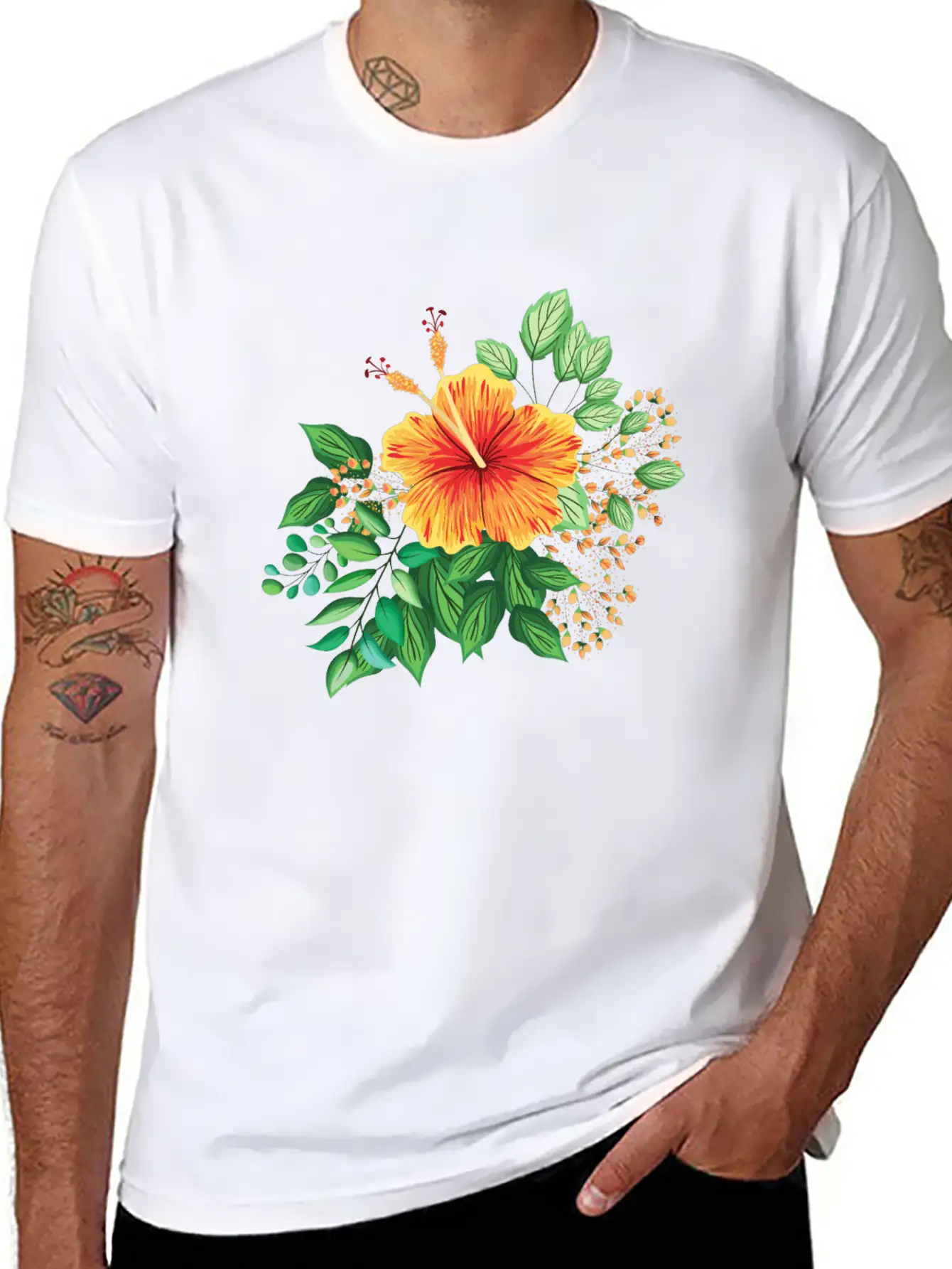 Orange Hibiscus With Leaves And Buds Comfortable Minimalist Graphic Tee – Summer Style Essential