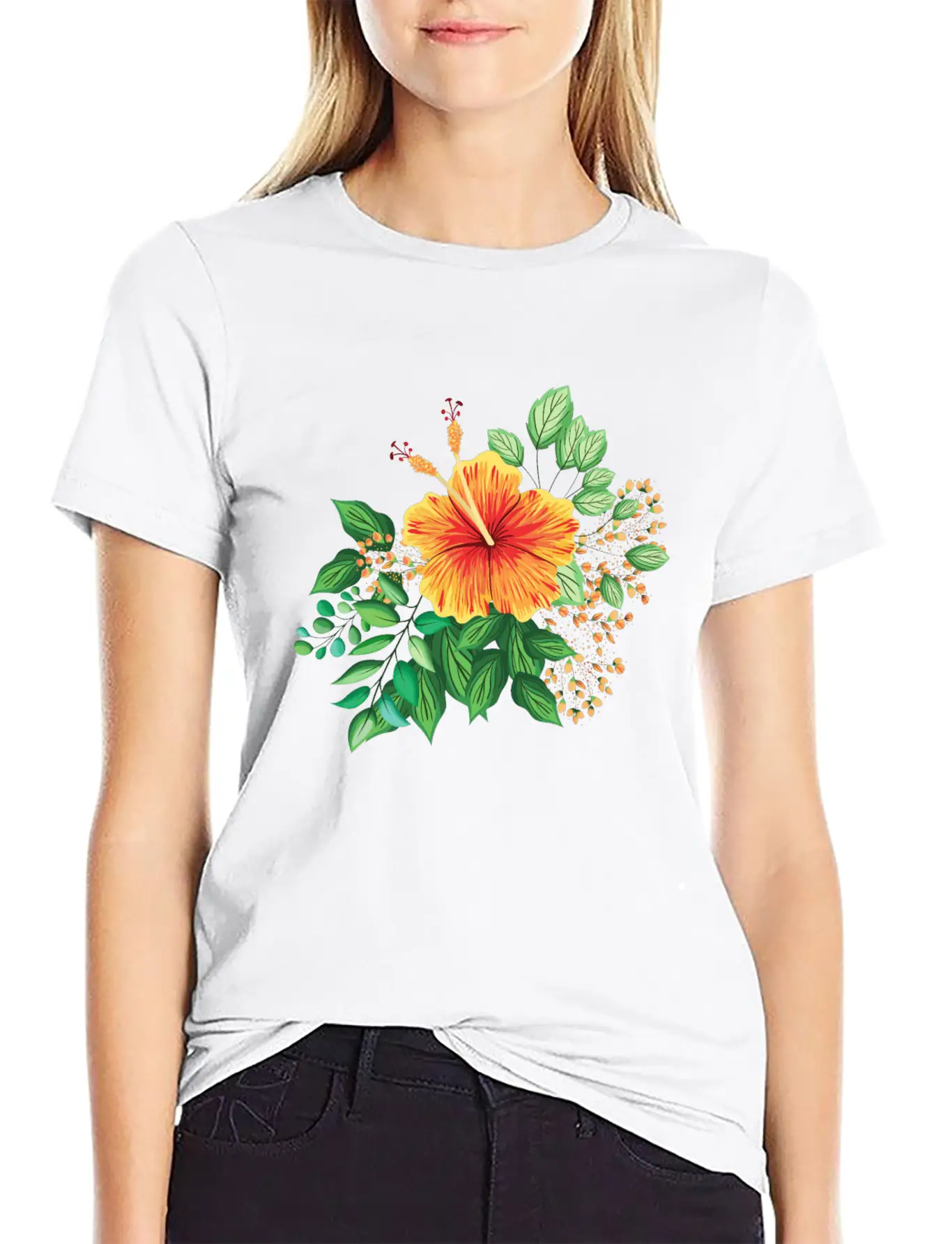 Orange Hibiscus With Leaves And Buds Comfortable Minimalist Graphic Tee – Summer Style Essential