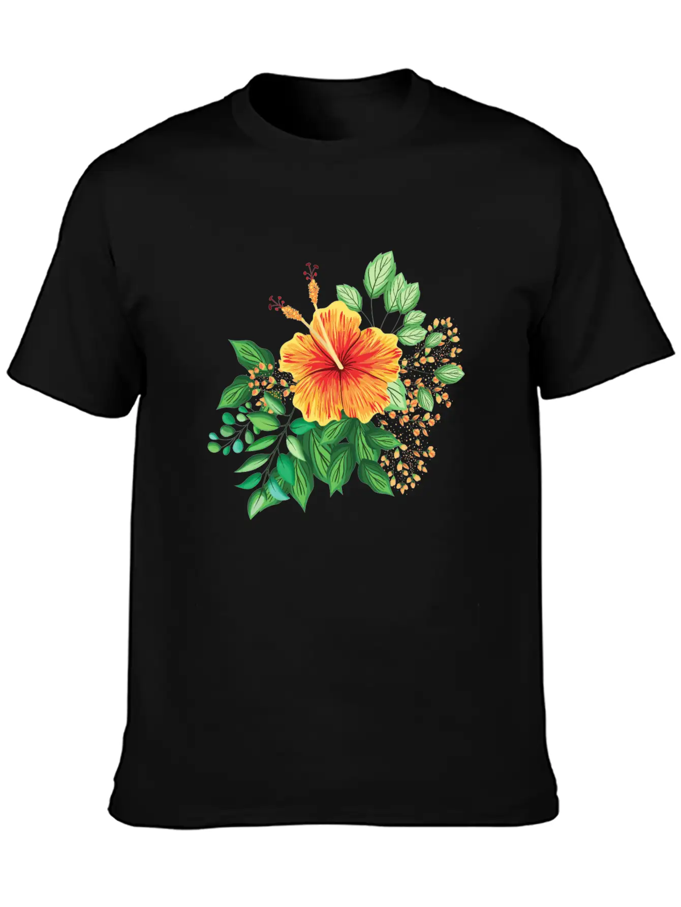 Orange Hibiscus With Leaves And Buds Comfortable Minimalist Graphic Tee – Summer Style Essential