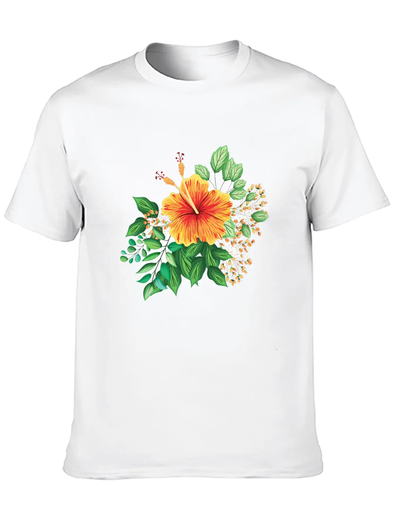 Orange Hibiscus With Leaves And Buds Comfortable Minimalist Graphic Tee – Summer Style Essential