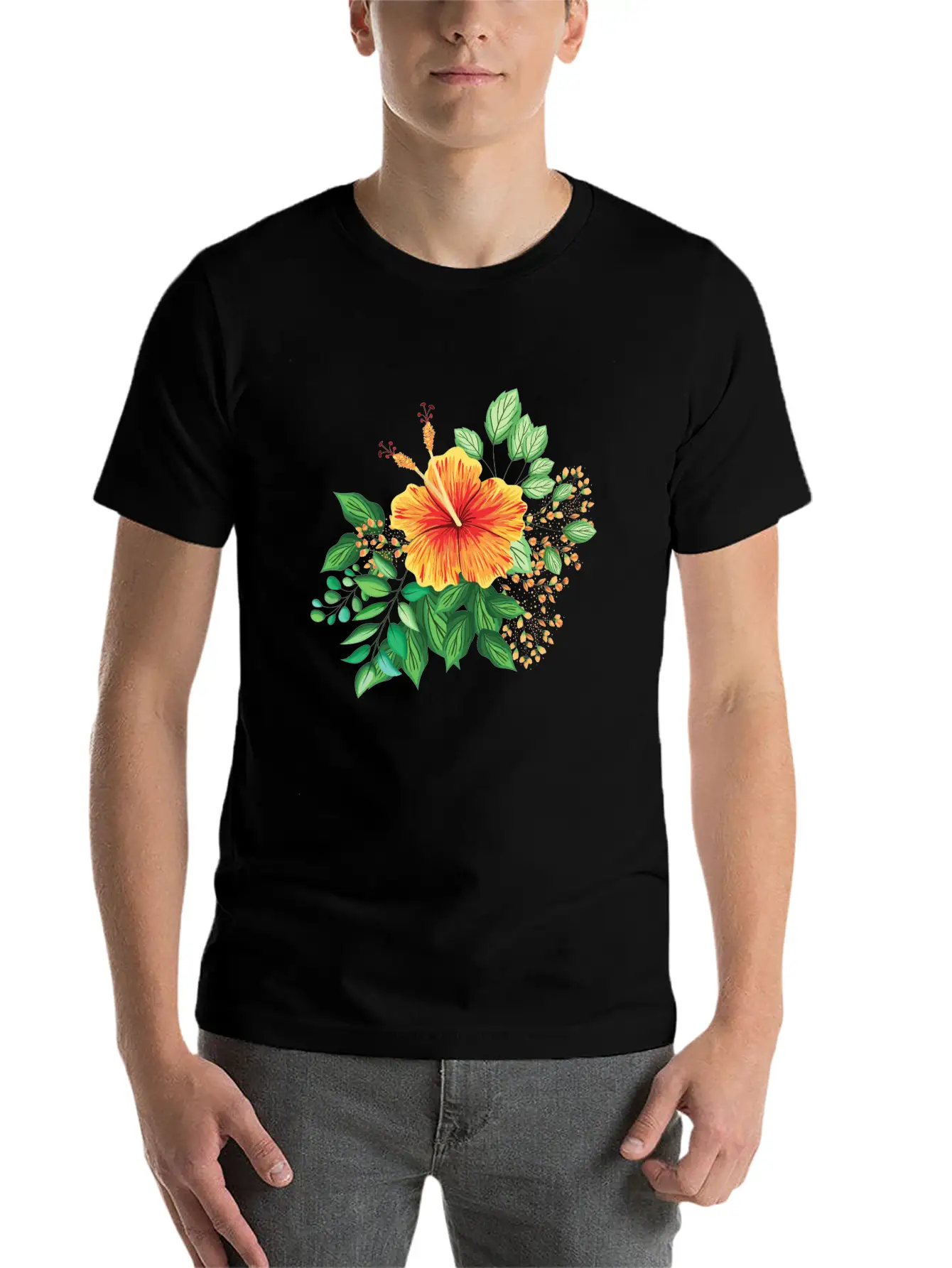 Orange Hibiscus With Leaves And Buds Comfortable Minimalist Graphic Tee – Summer Style Essential