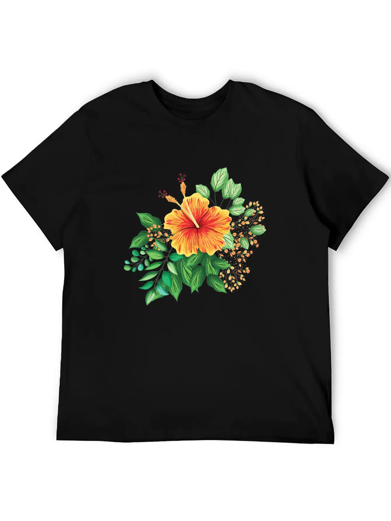 Orange Hibiscus With Leaves And Buds Comfortable Minimalist Graphic Tee – Summer Style Essential
