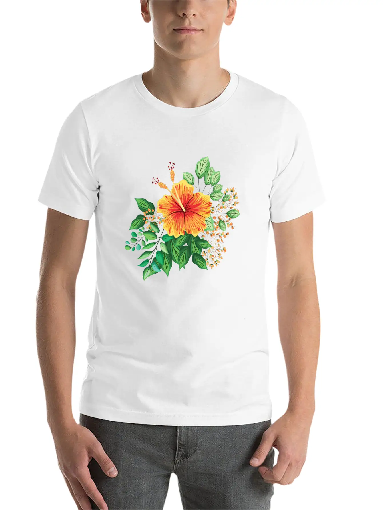Orange Hibiscus With Leaves And Buds Comfortable Minimalist Graphic Tee – Summer Style Essential