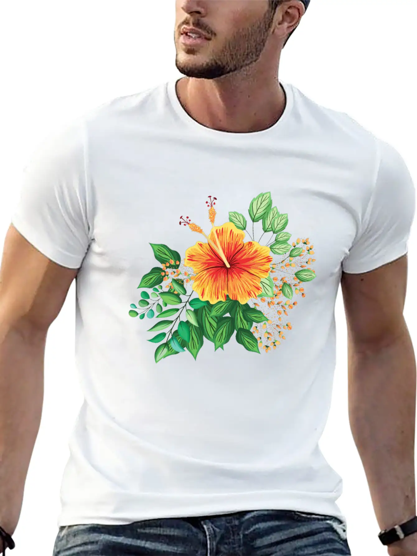 Orange Hibiscus With Leaves And Buds Comfortable Minimalist Graphic Tee – Summer Style Essential