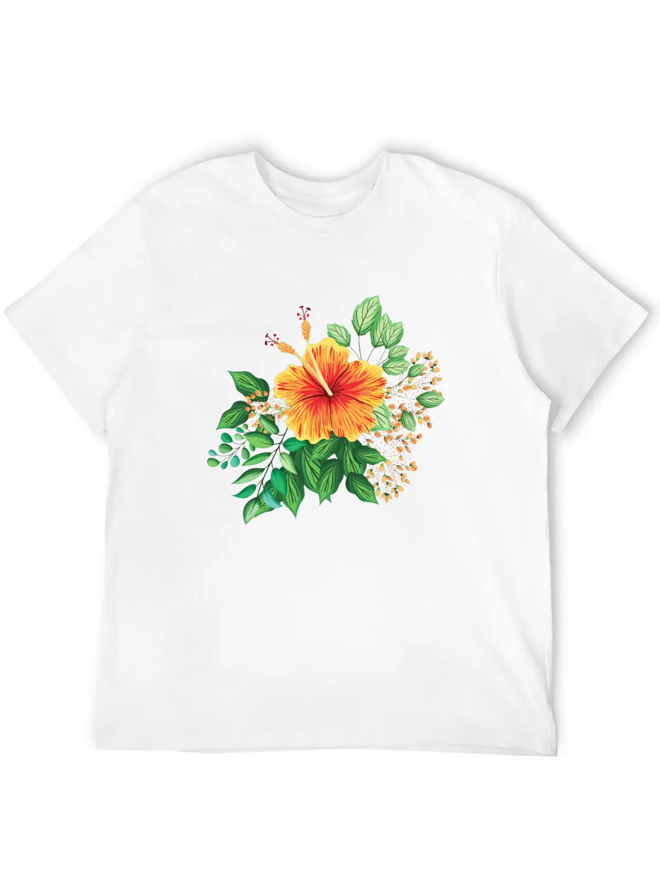 Orange Hibiscus With Leaves And Buds Comfortable Minimalist Graphic Tee – Summer Style Essential