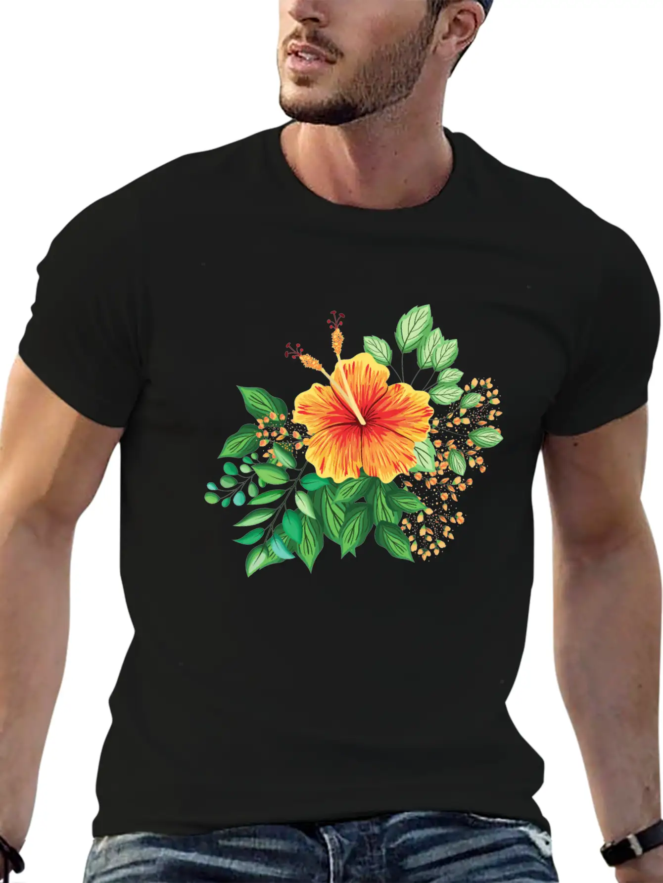 Orange Hibiscus With Leaves And Buds Comfortable Minimalist Graphic Tee – Summer Style Essential