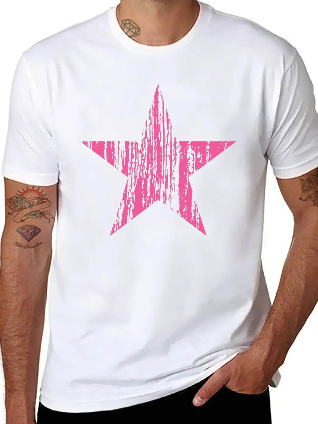 Original Vintage Patriotic Grunge Pink Star Design Unisex Short Sleeve Soft Cotton T-Shirt – Casual Everyday Wear