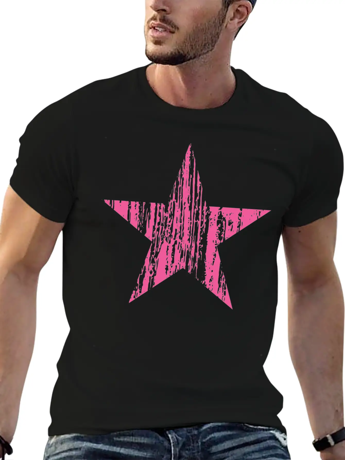 Original Vintage Patriotic Grunge Pink Star Design Unisex Short Sleeve Soft Cotton T-Shirt – Casual Everyday Wear