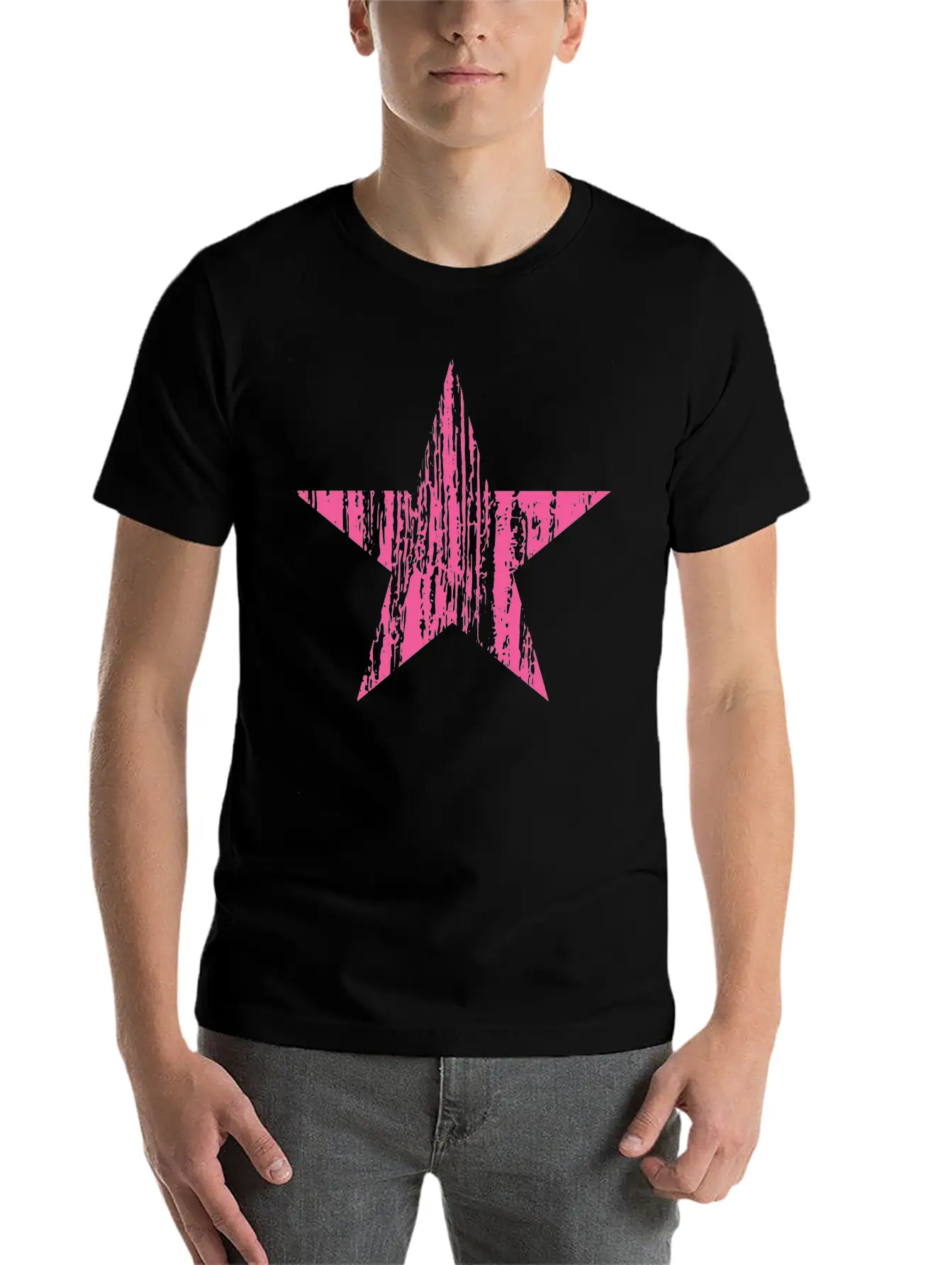 Original Vintage Patriotic Grunge Pink Star Design Unisex Short Sleeve Soft Cotton T-Shirt – Casual Everyday Wear