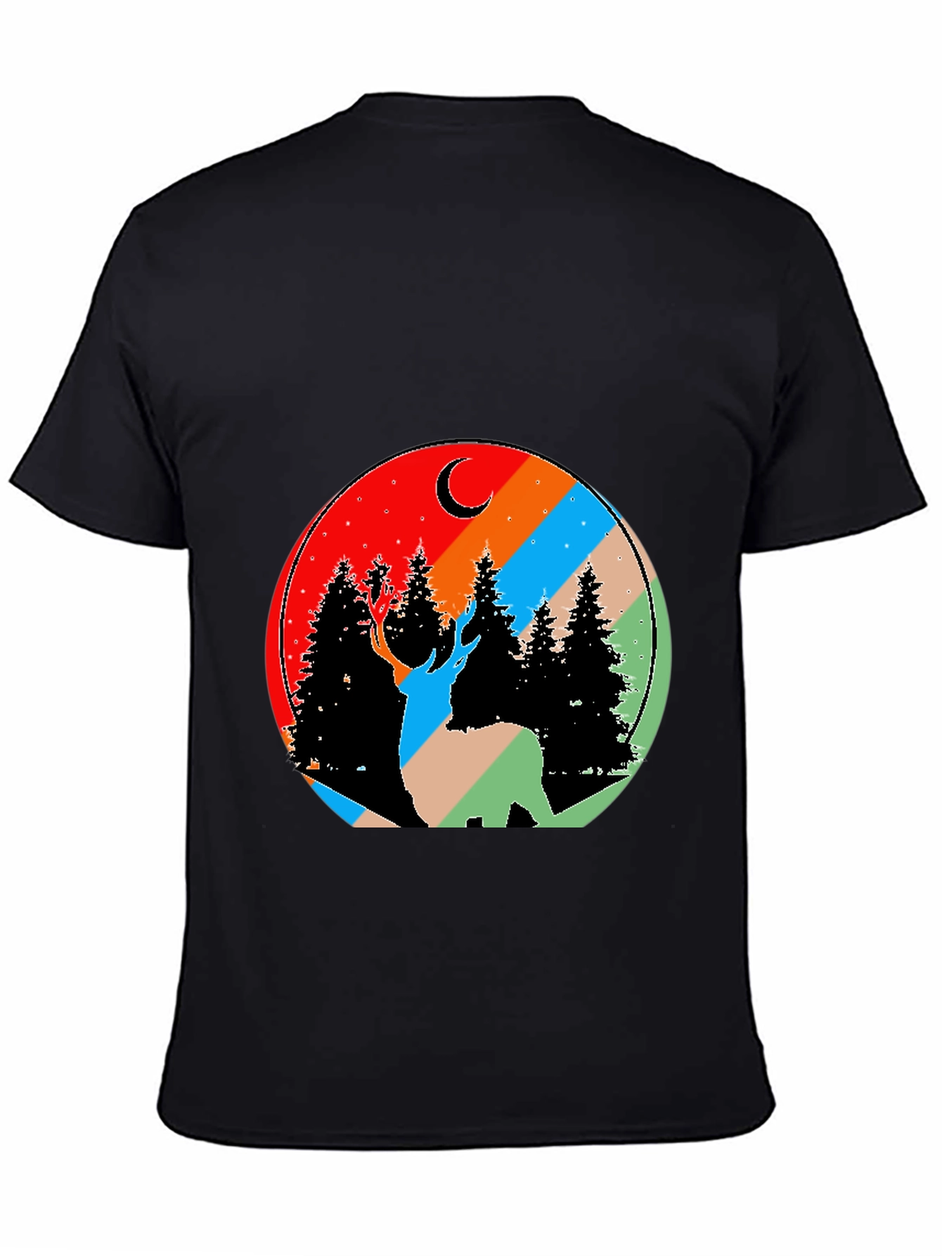 Nature Deer Graphic Tee - Black Cotton Blend T-Shirt
