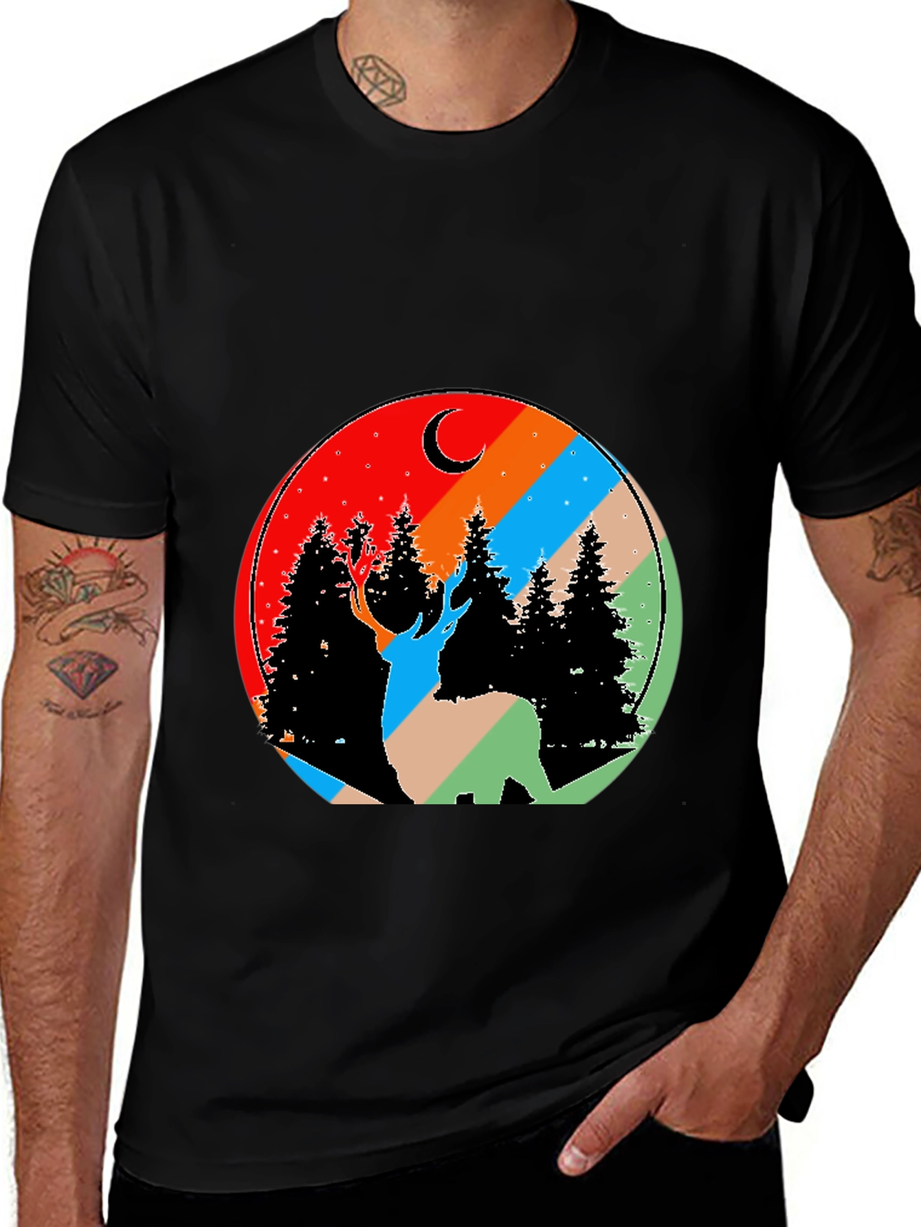 Nature Deer Graphic Tee - Black Cotton Blend T-Shirt