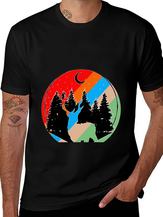 Nature Deer Graphic Tee - Black Cotton Blend T-Shirt