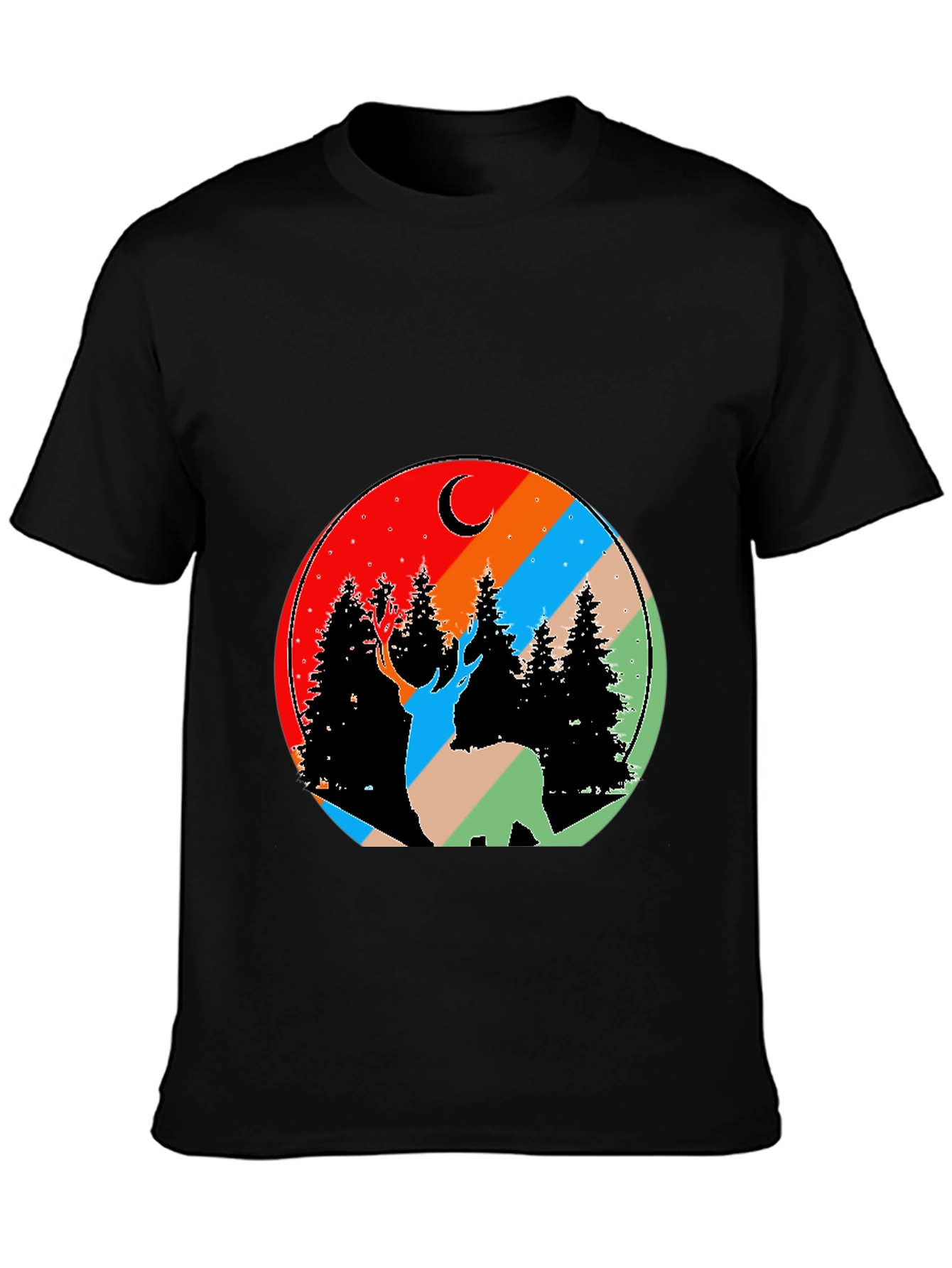 Nature Deer Graphic Tee - Black Cotton Blend T-Shirt