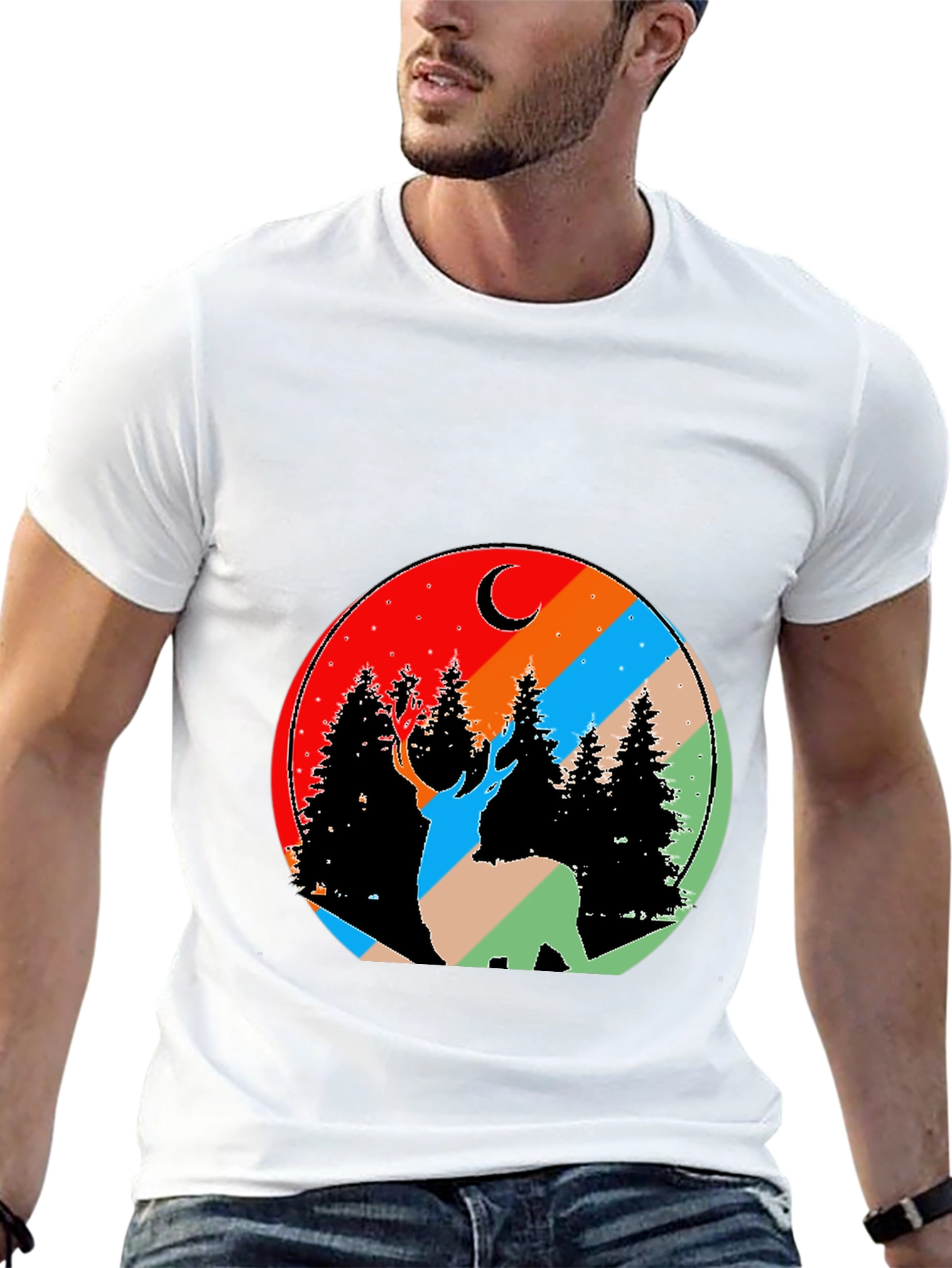 Nature Deer Graphic Tee - Black Cotton Blend T-Shirt