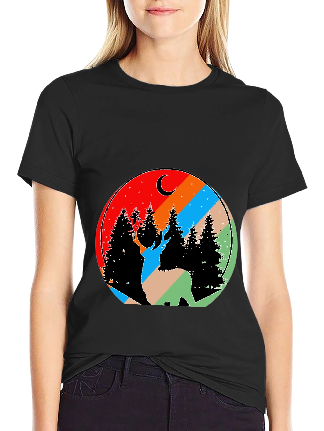 Nature Deer Graphic Tee - Black Cotton Blend T-Shirt
