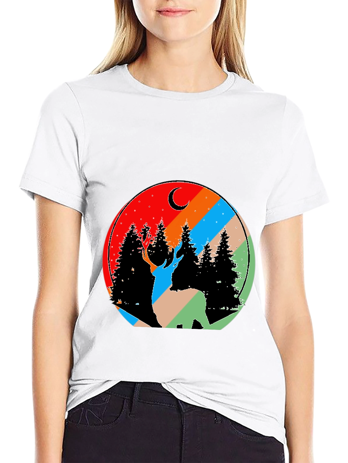 Nature Deer Graphic Tee - Black Cotton Blend T-Shirt