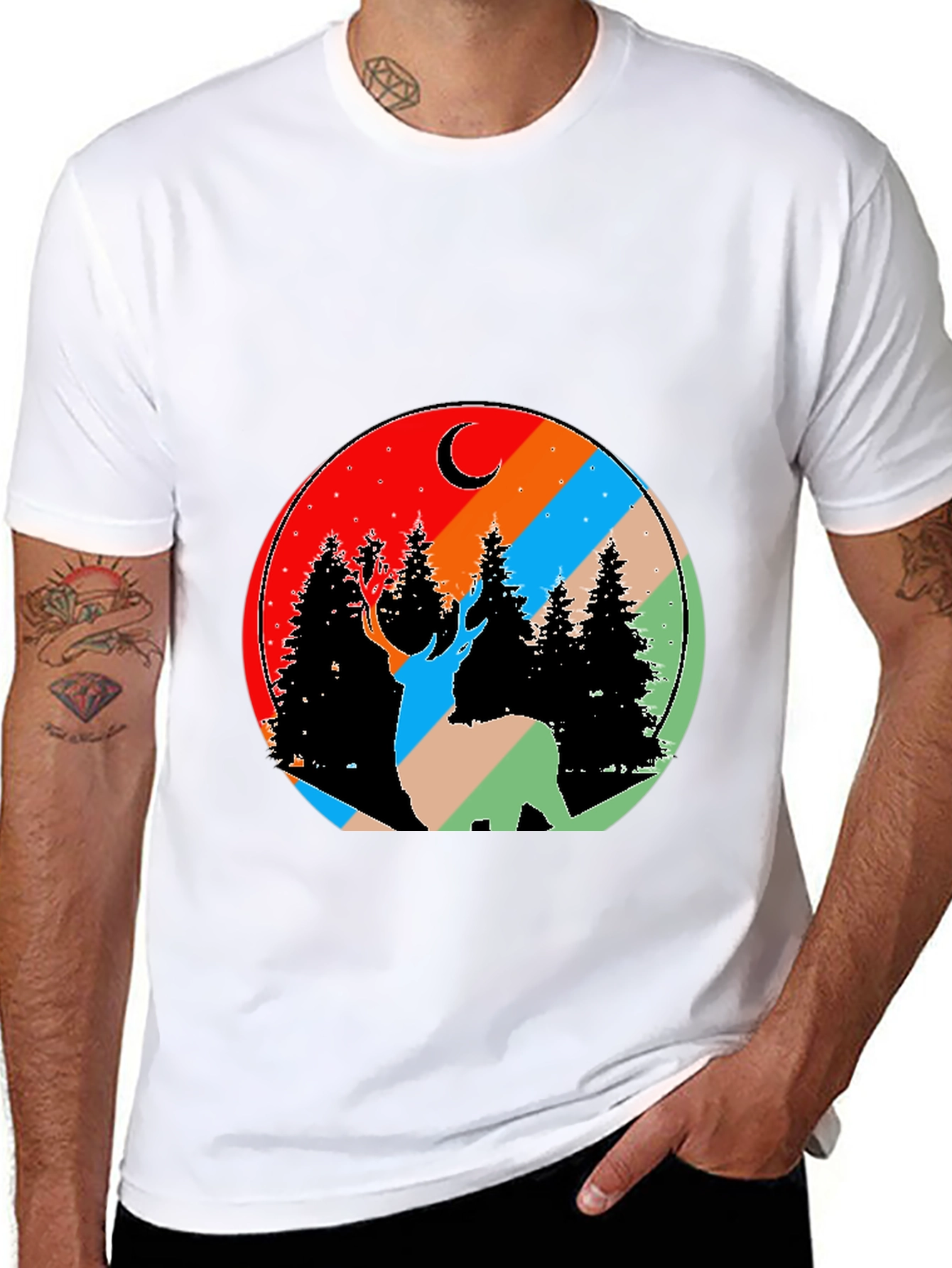 Nature Deer Graphic Tee - Black Cotton Blend T-Shirt