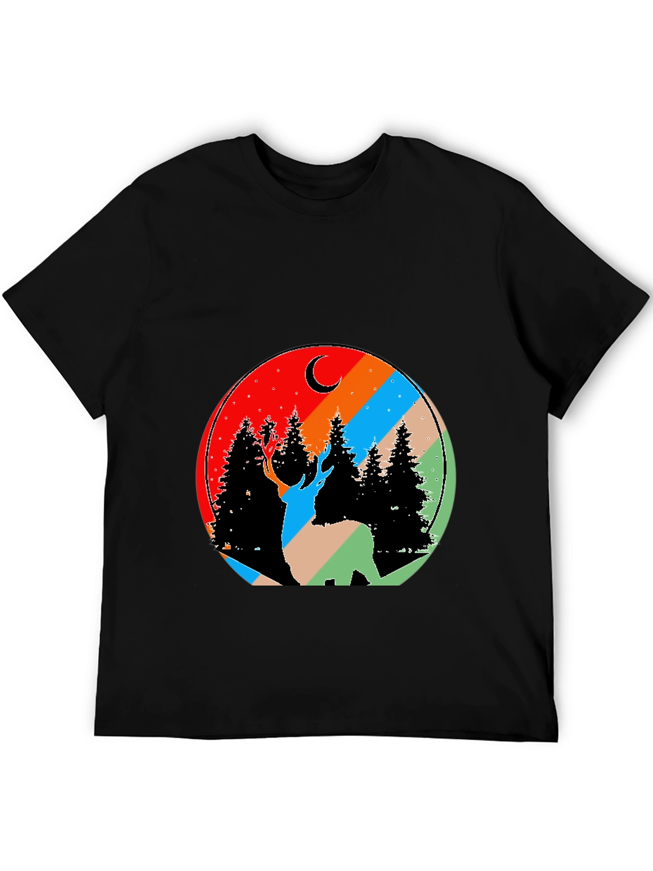 Nature Deer Graphic Tee - Black Cotton Blend T-Shirt