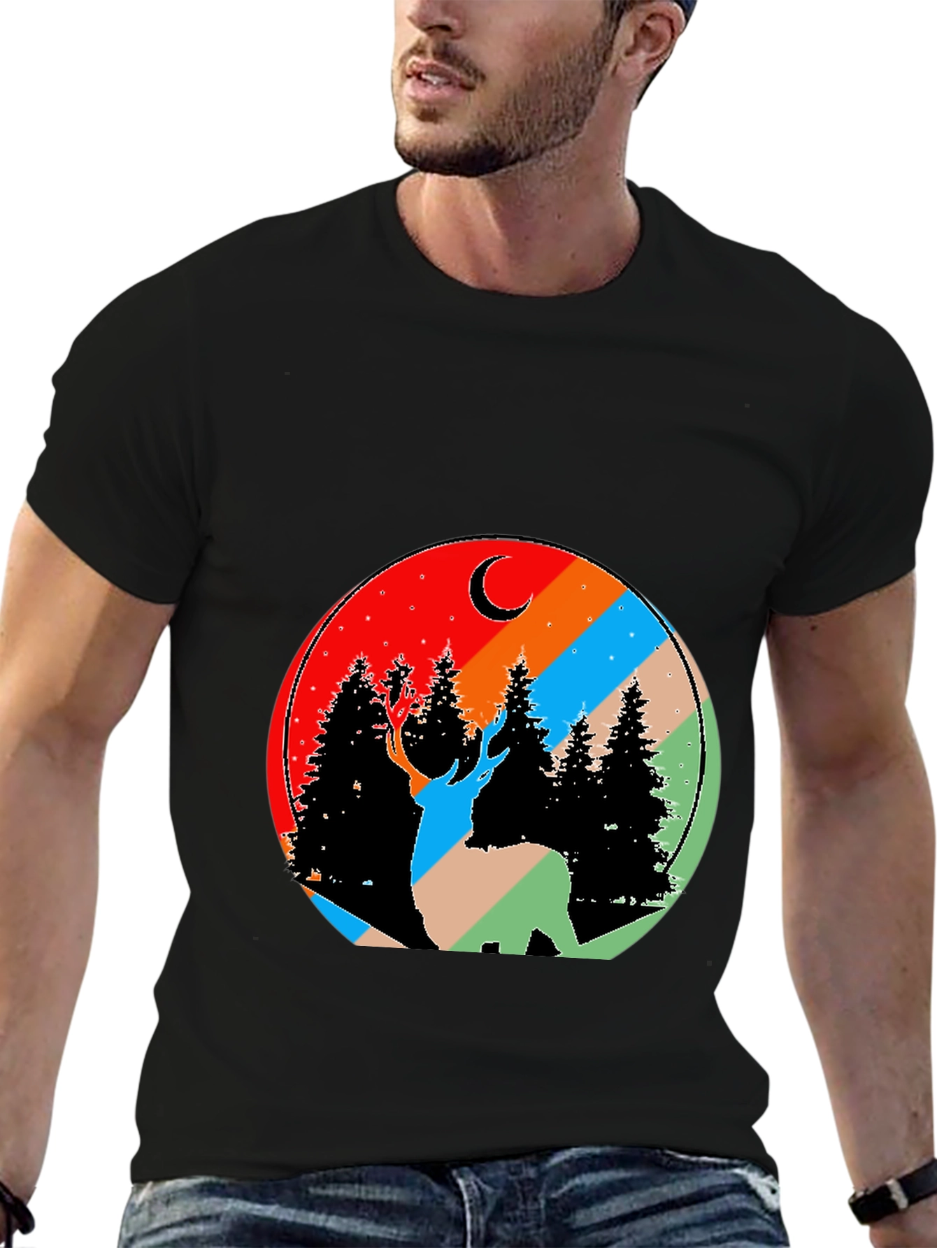 Nature Deer Graphic Tee - Black Cotton Blend T-Shirt