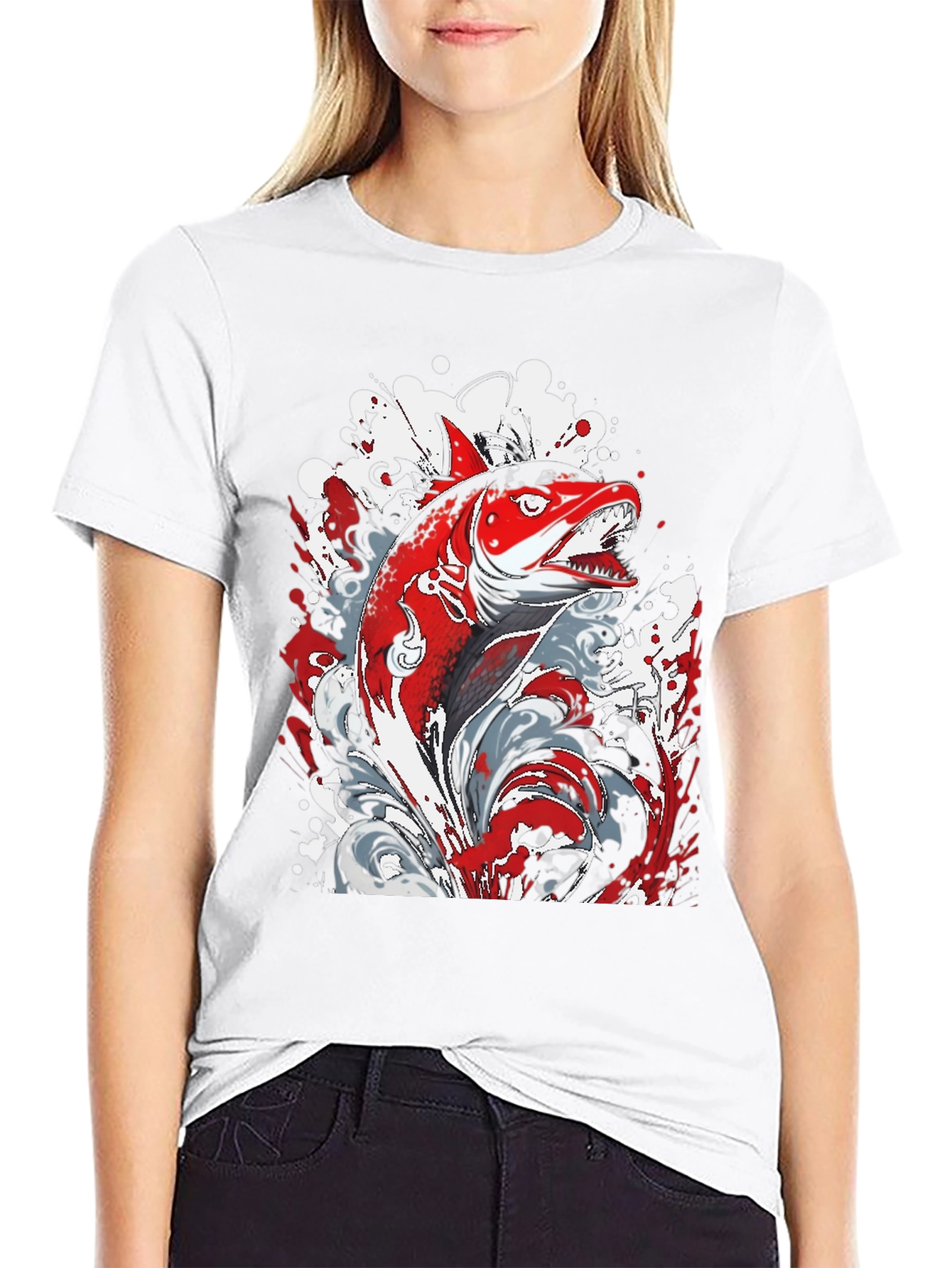 Red Fish Graphic Print Black T-Shirt