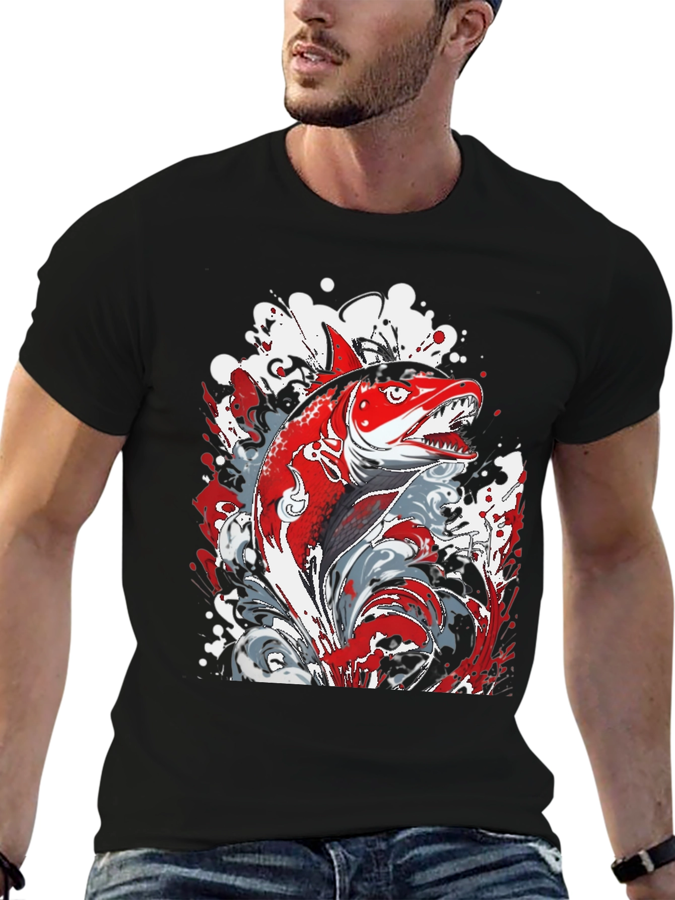 Red Fish Graphic Print Black T-Shirt