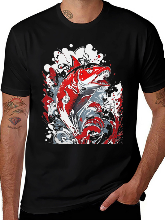 Red Fish Graphic Print Black T-Shirt