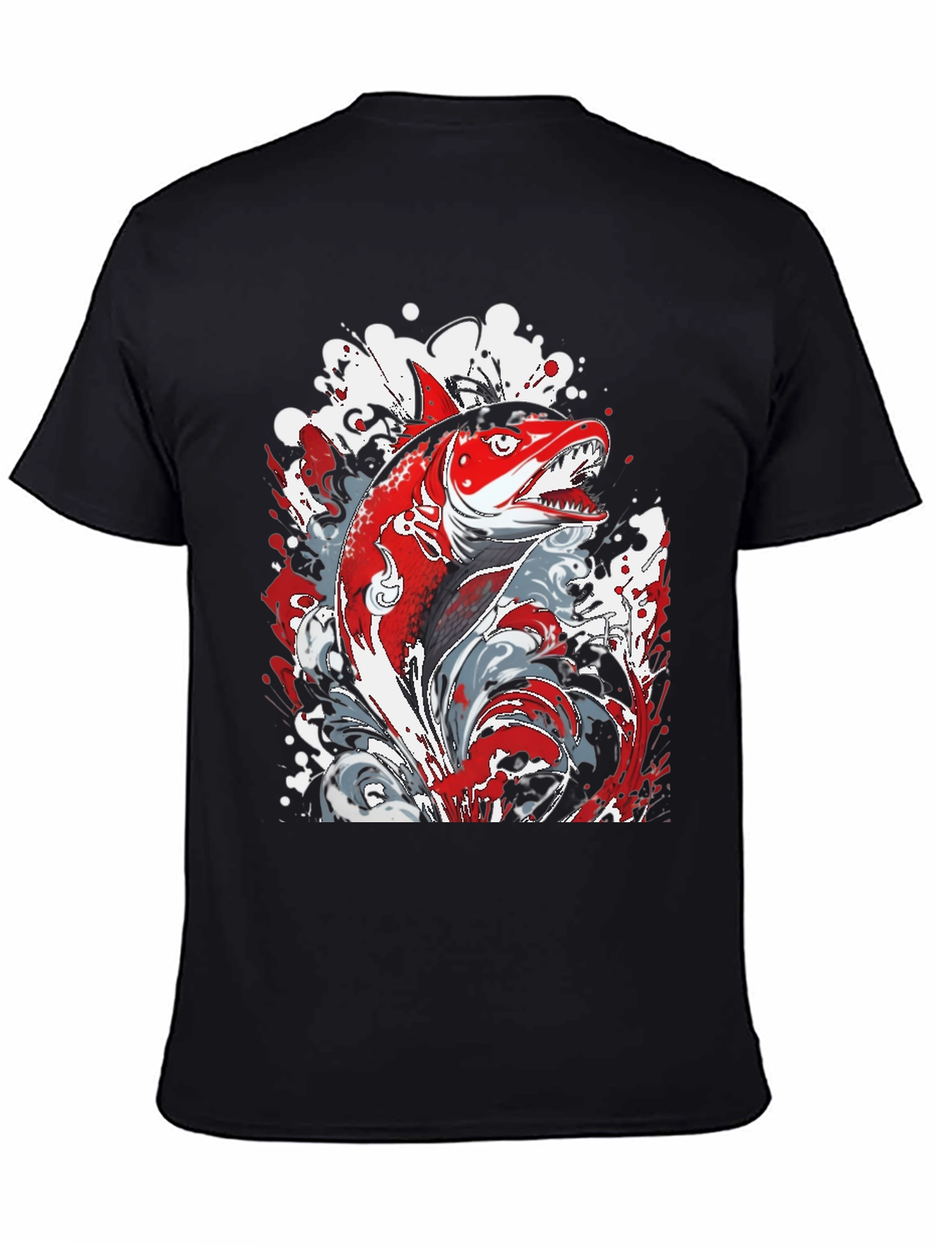 Red Fish Graphic Print Black T-Shirt