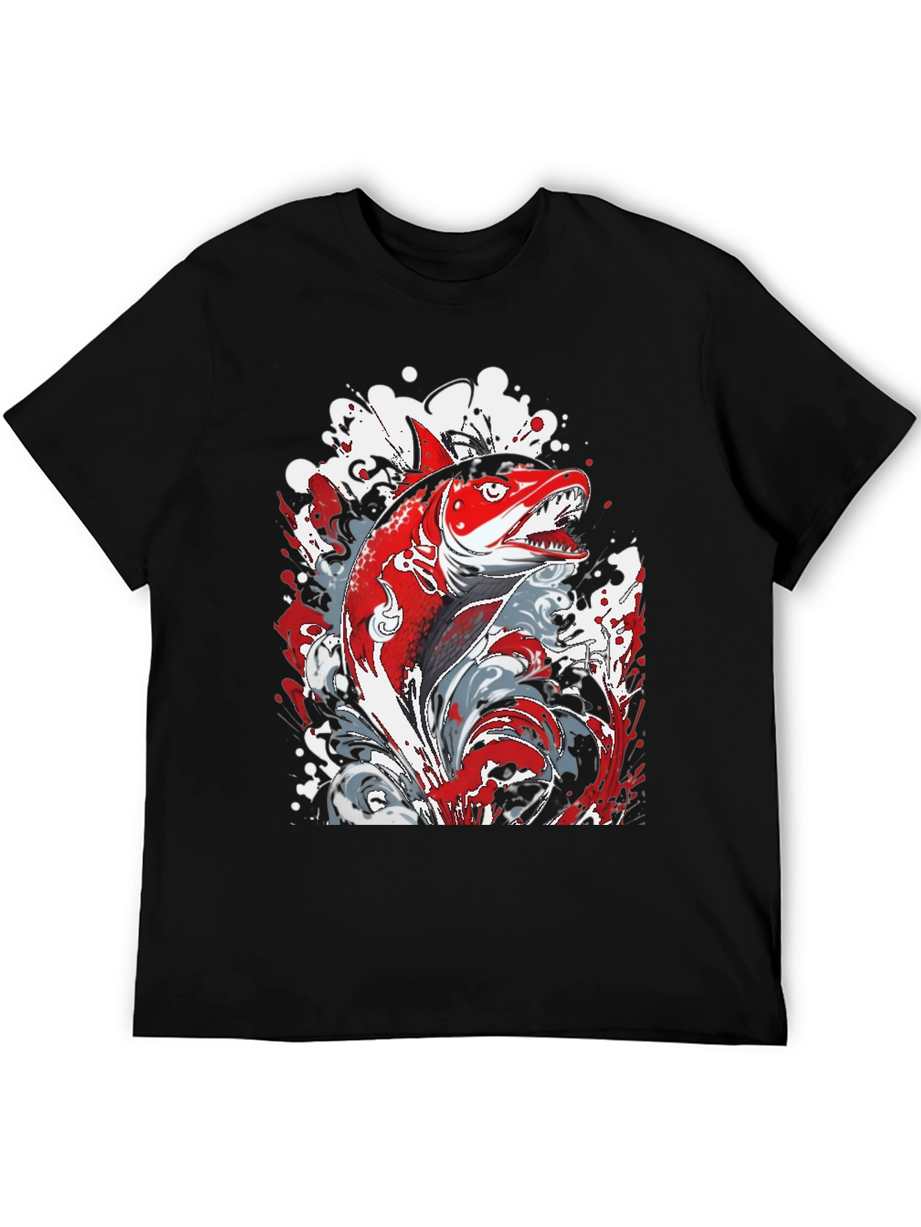Red Fish Graphic Print Black T-Shirt