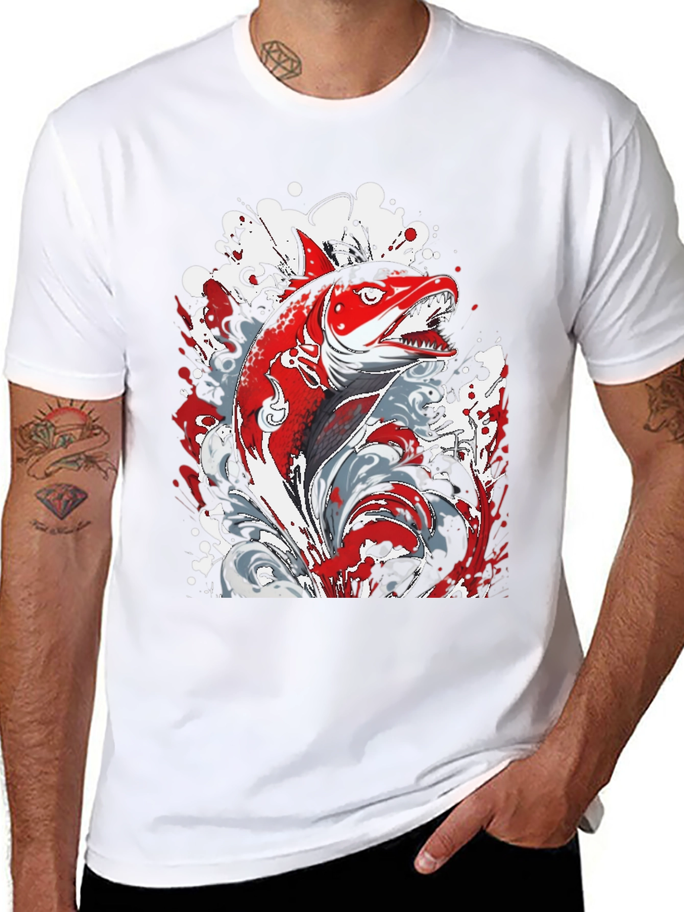 Red Fish Graphic Print Black T-Shirt