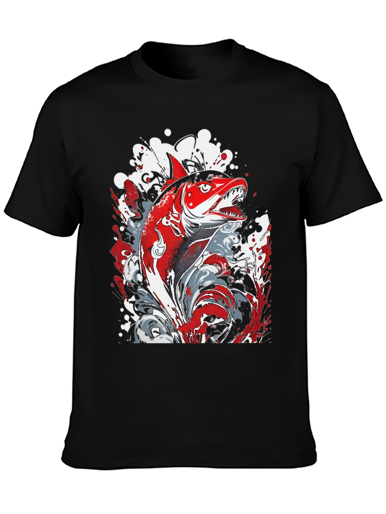 Red Fish Graphic Print Black T-Shirt