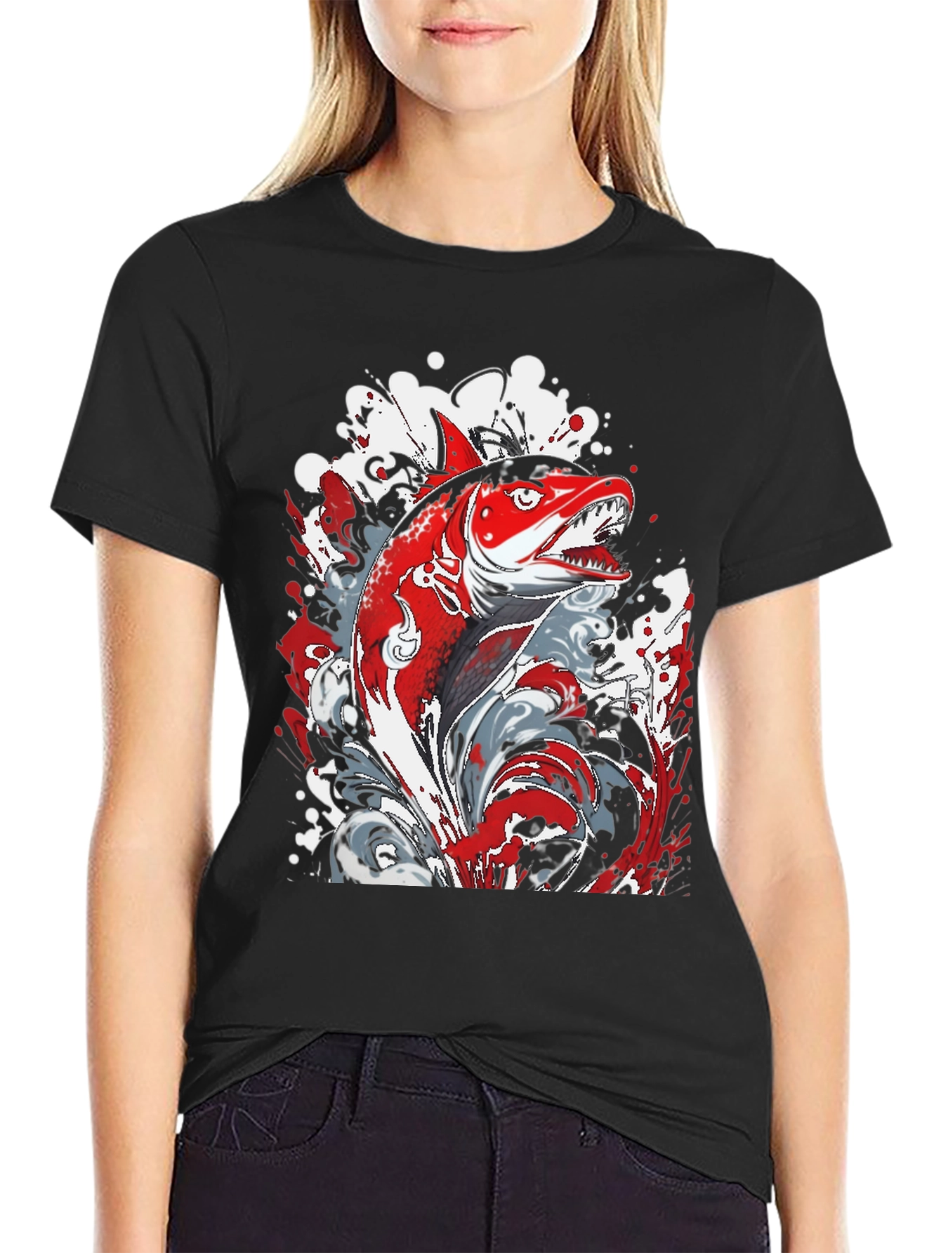 Red Fish Graphic Print Black T-Shirt