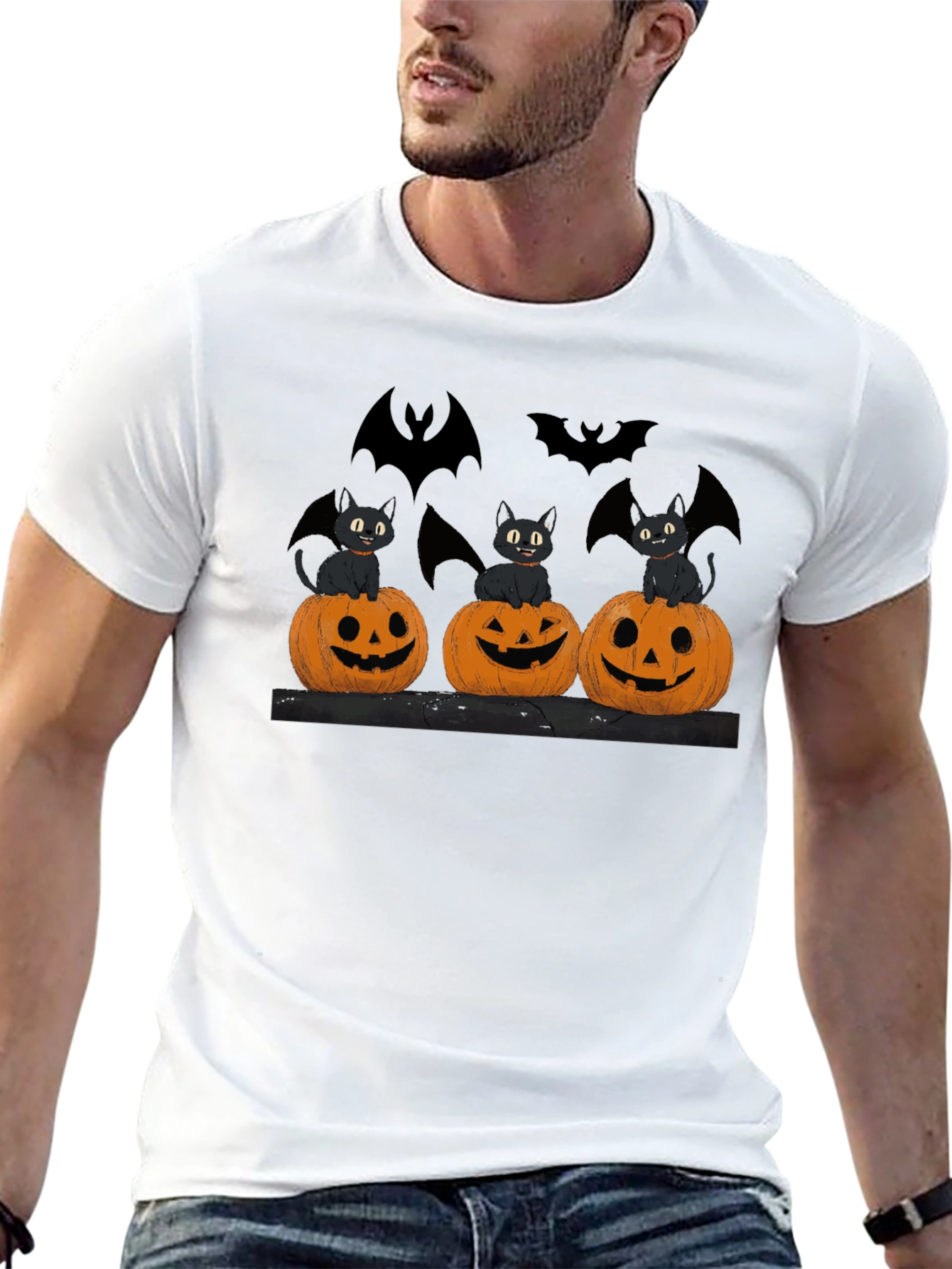 Halloween Cats Pumpkins Bats Black T-Shirt