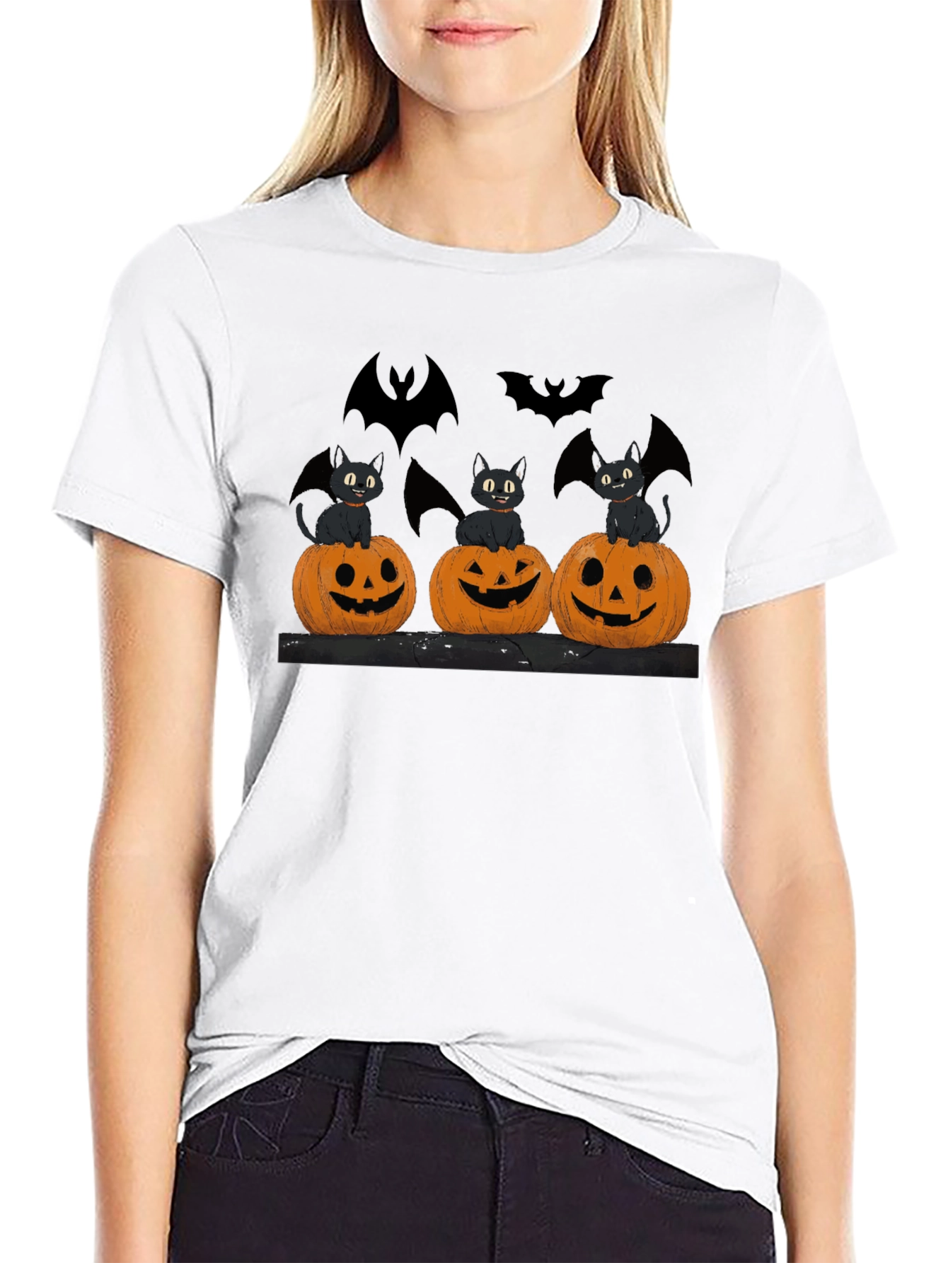 Halloween Cats Pumpkins Bats Black T-Shirt