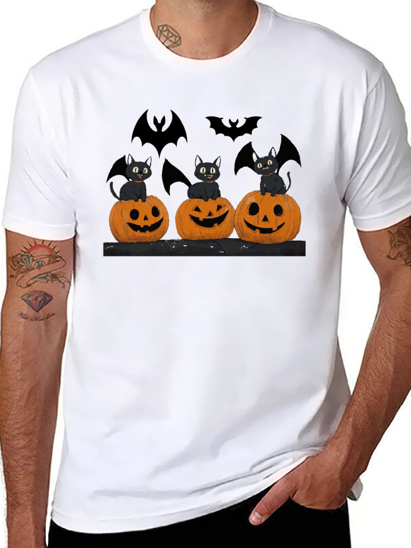 Halloween Cats Pumpkins Bats Black T-Shirt