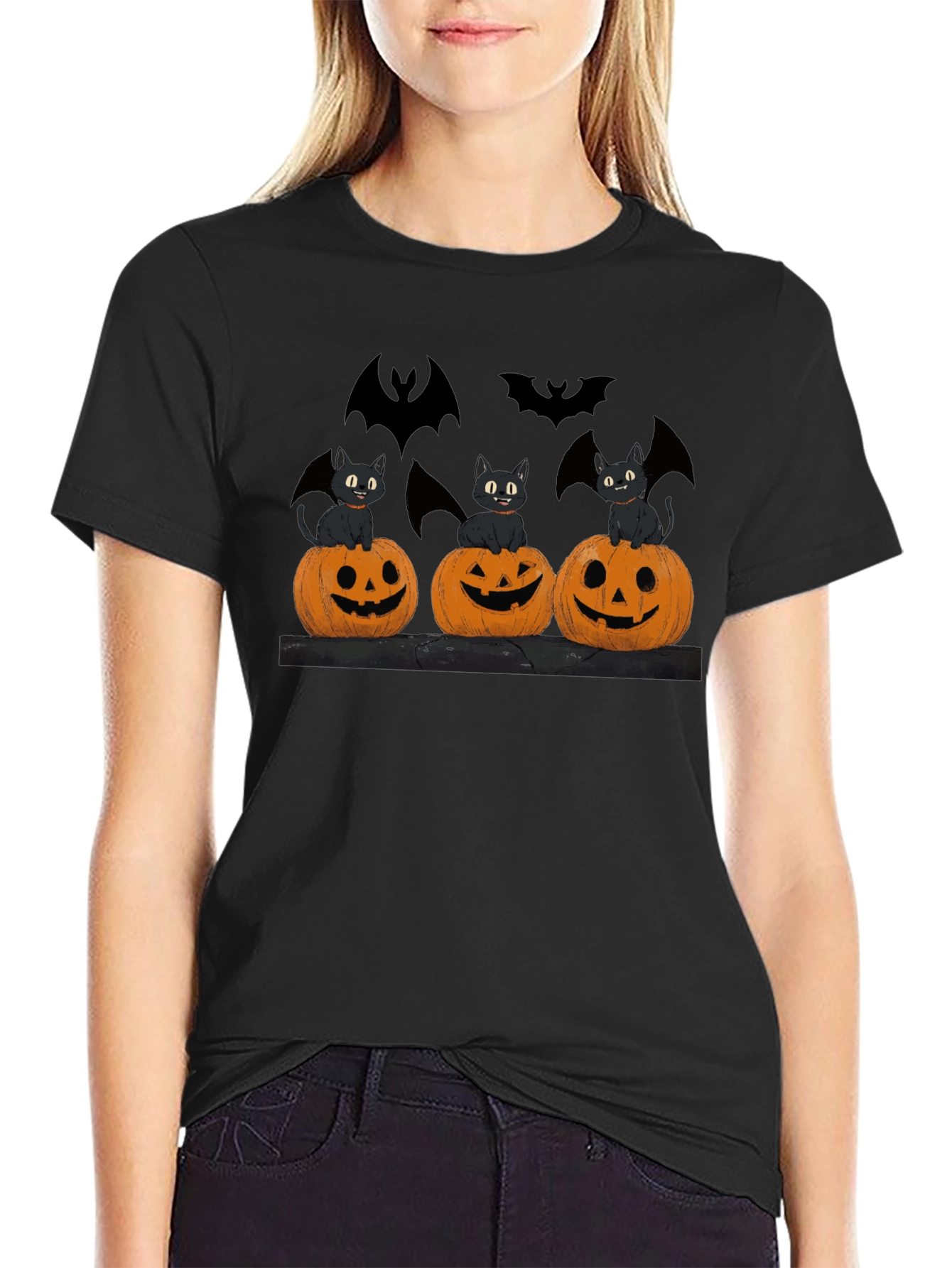 Halloween Cats Pumpkins Bats Black T-Shirt