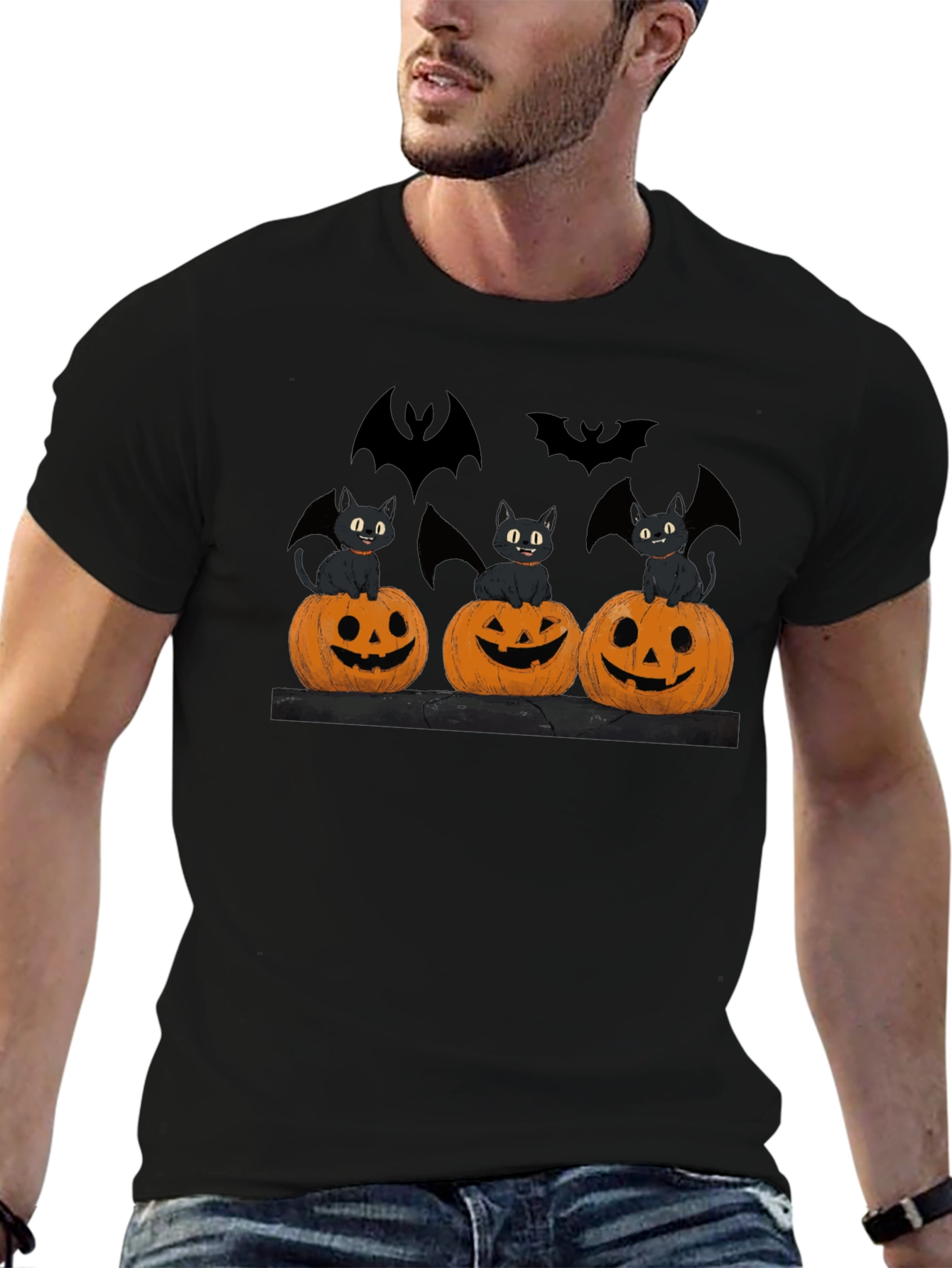Halloween Cats Pumpkins Bats Black T-Shirt