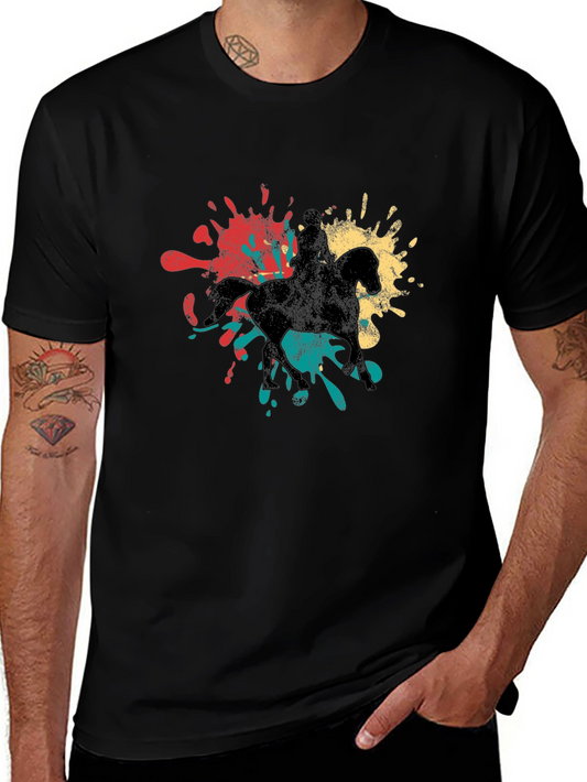 Retro Horse Rider Splash Graphic Tee - Black Cotton T-Shirt