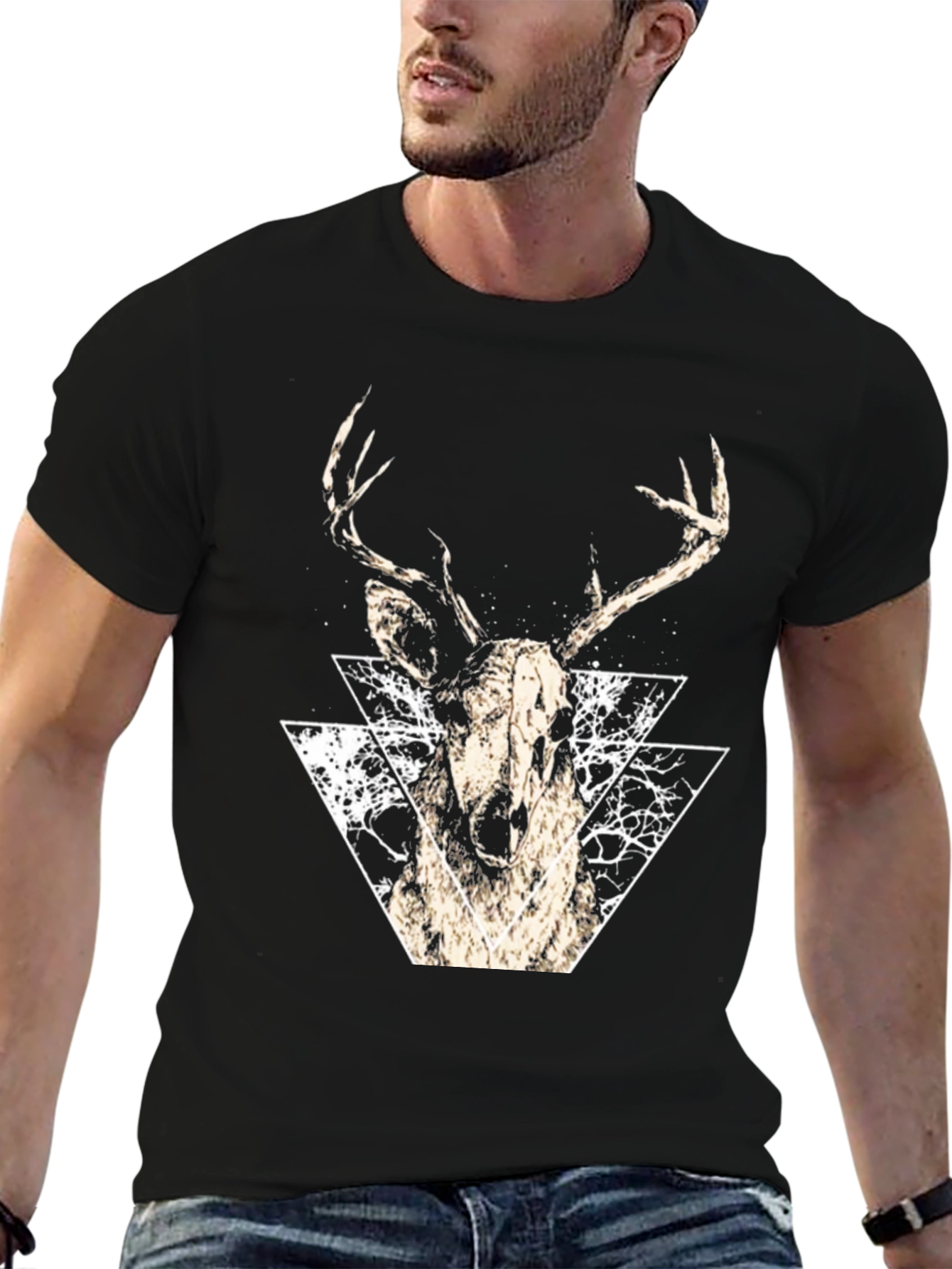 Geometric Deer Graphic Tee - Modern Black T-Shirt