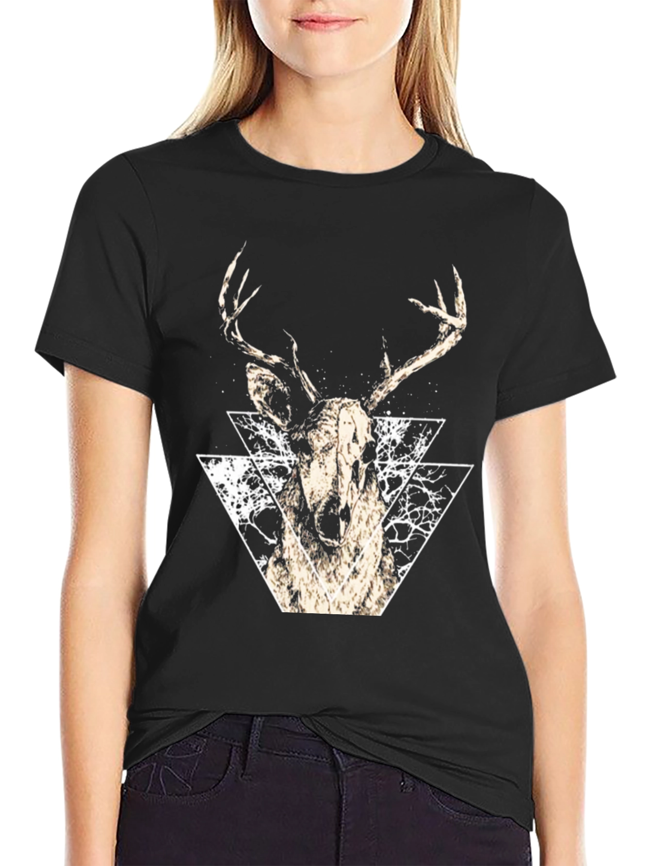 Geometric Deer Graphic Tee - Modern Black T-Shirt