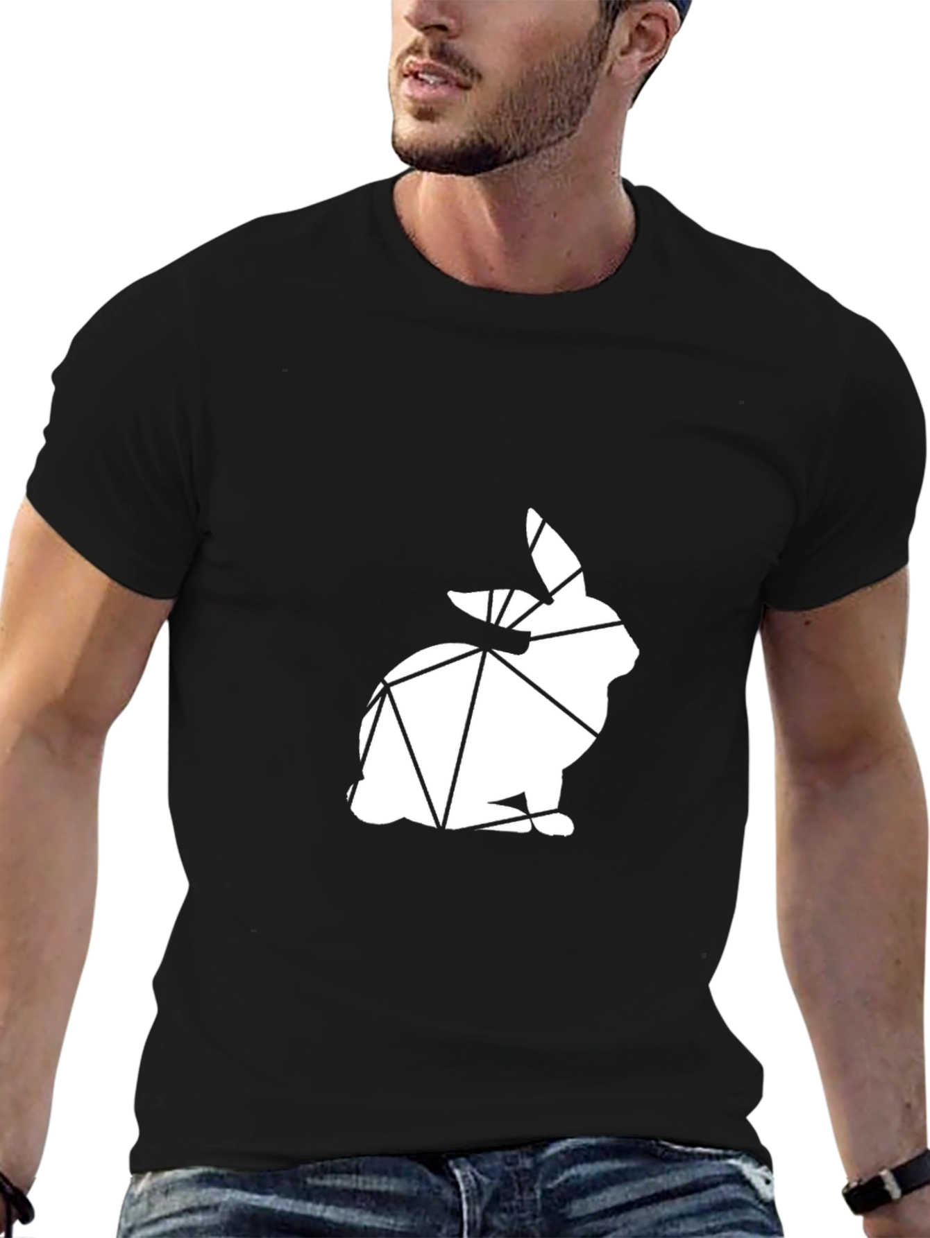 Geometric Bunny Graphic Tee - Black Cotton Blend