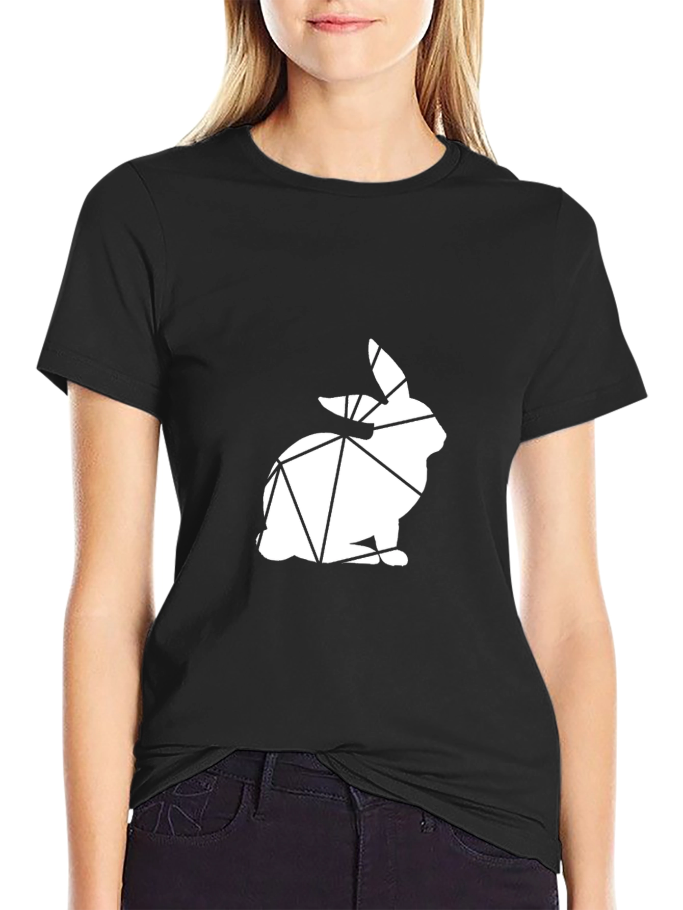 Geometric Bunny Graphic Tee - Black Cotton Blend
