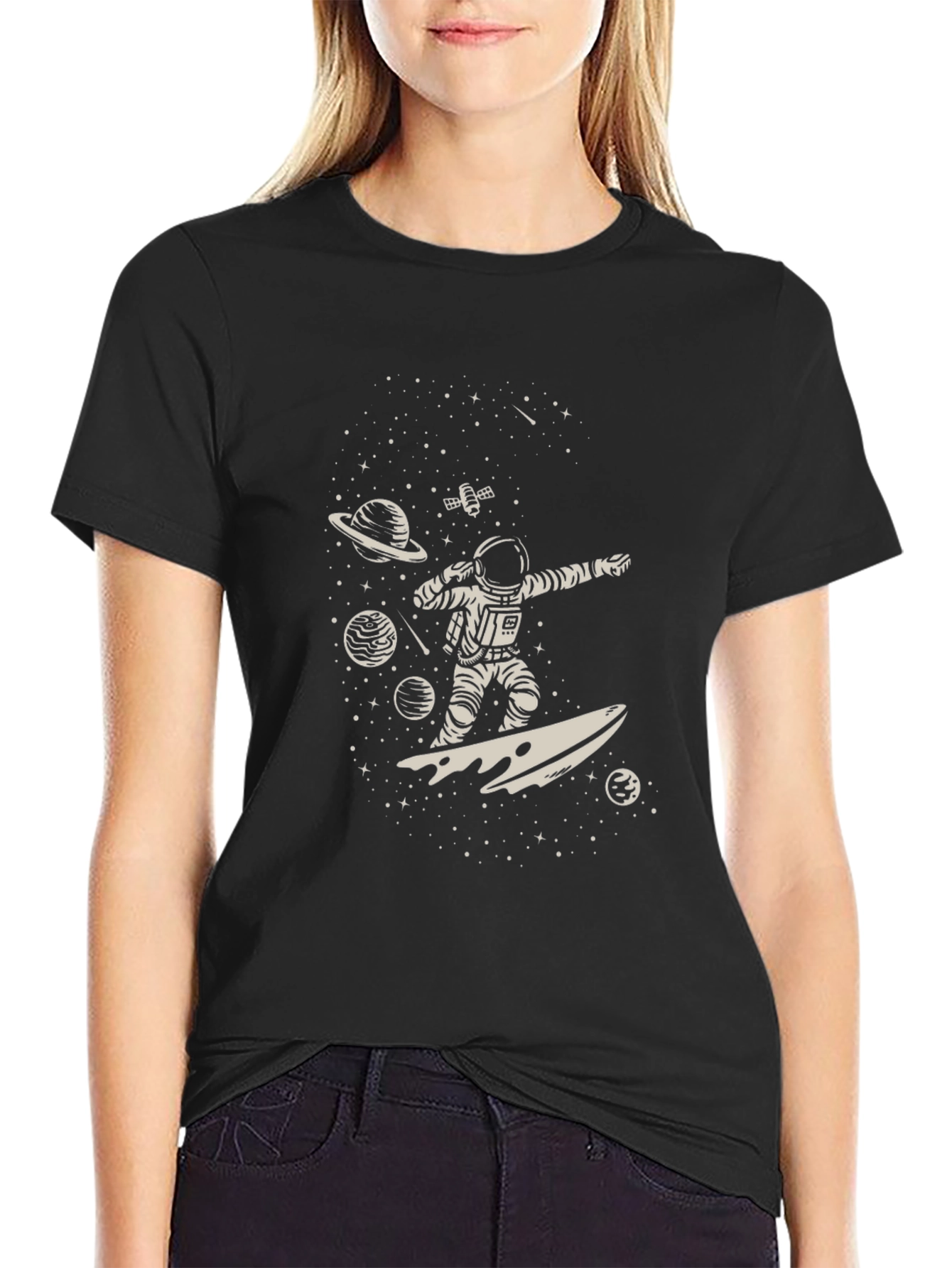 Astronaut Surfing Space Black Graphic Tee