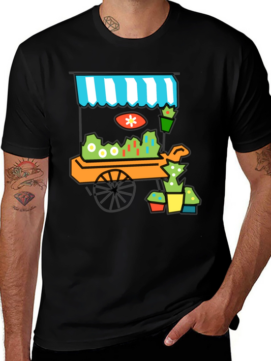 Whimsical Market Cart T-Shirt - Black Cotton Tee