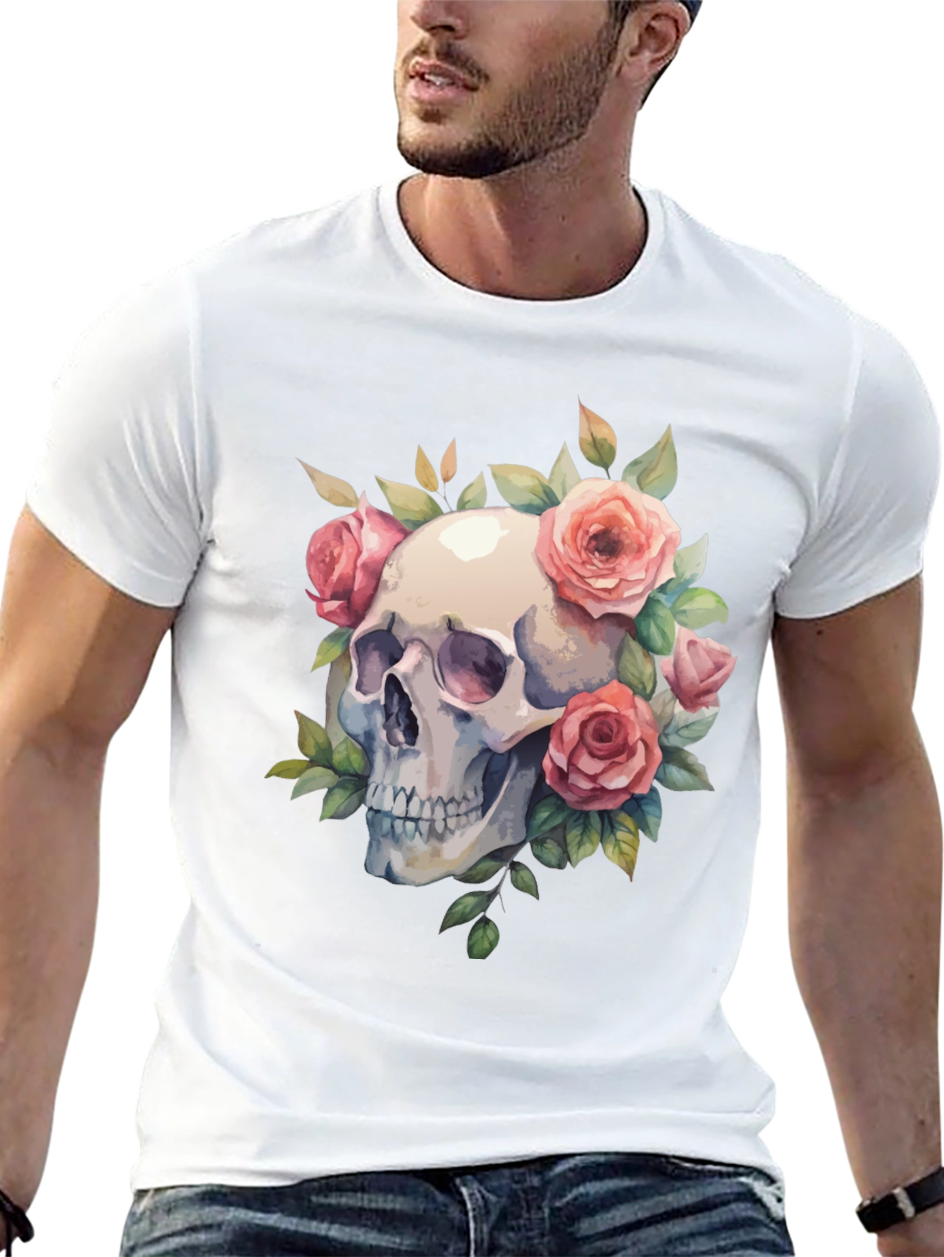 Skull & Roses Graphic Tee - Black Cotton Blend