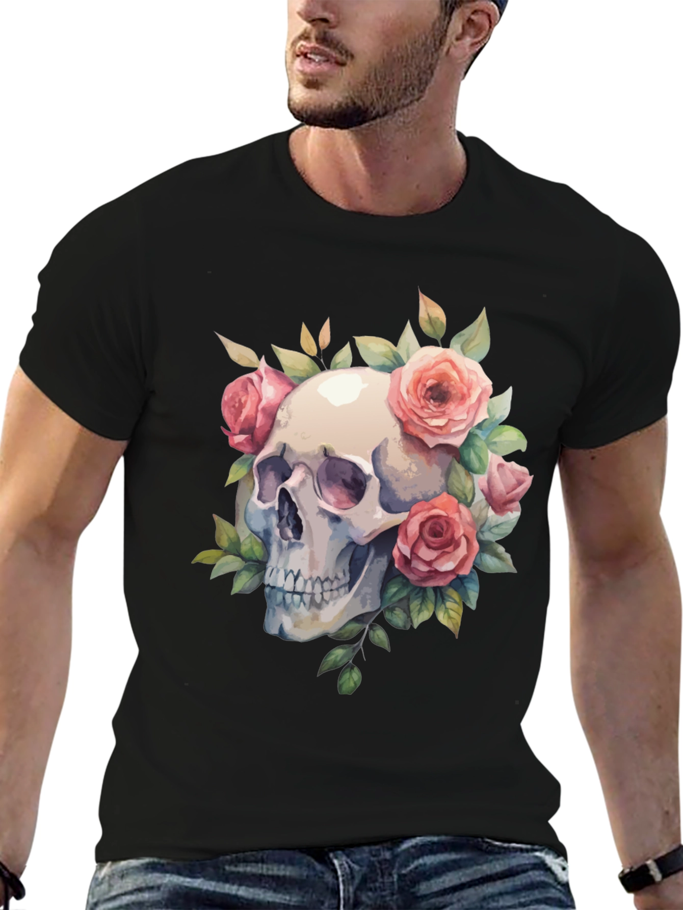 Skull & Roses Graphic Tee - Black Cotton Blend